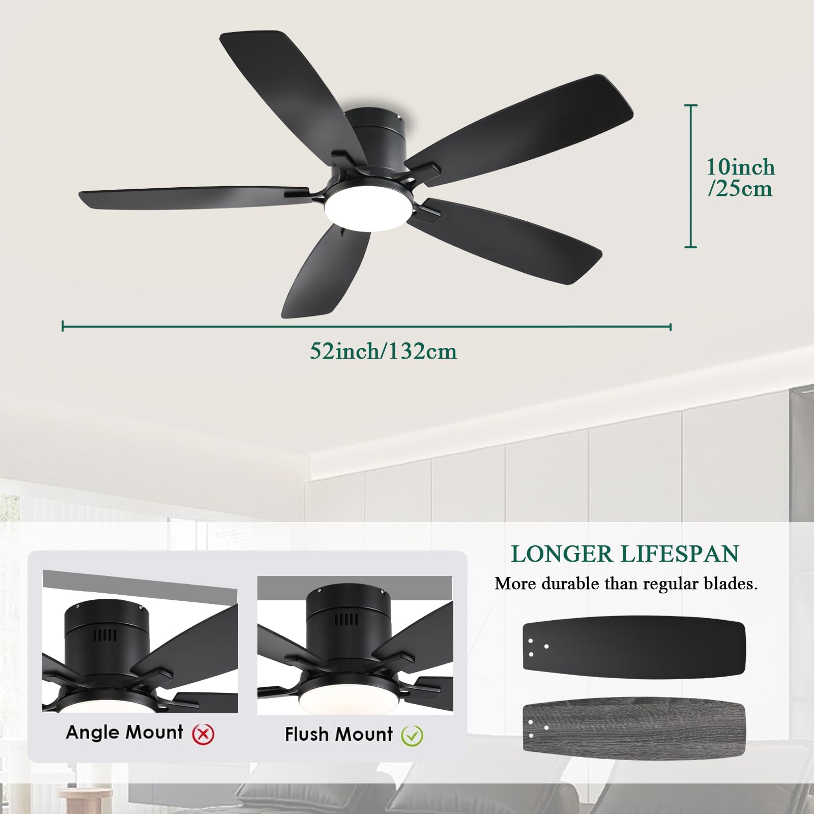 52Inch Ceiling Fans With Lights, Low Profile Ceiling Fan With Light And Remote/App Control, Flush Mount, Reversible Motor, Dimma