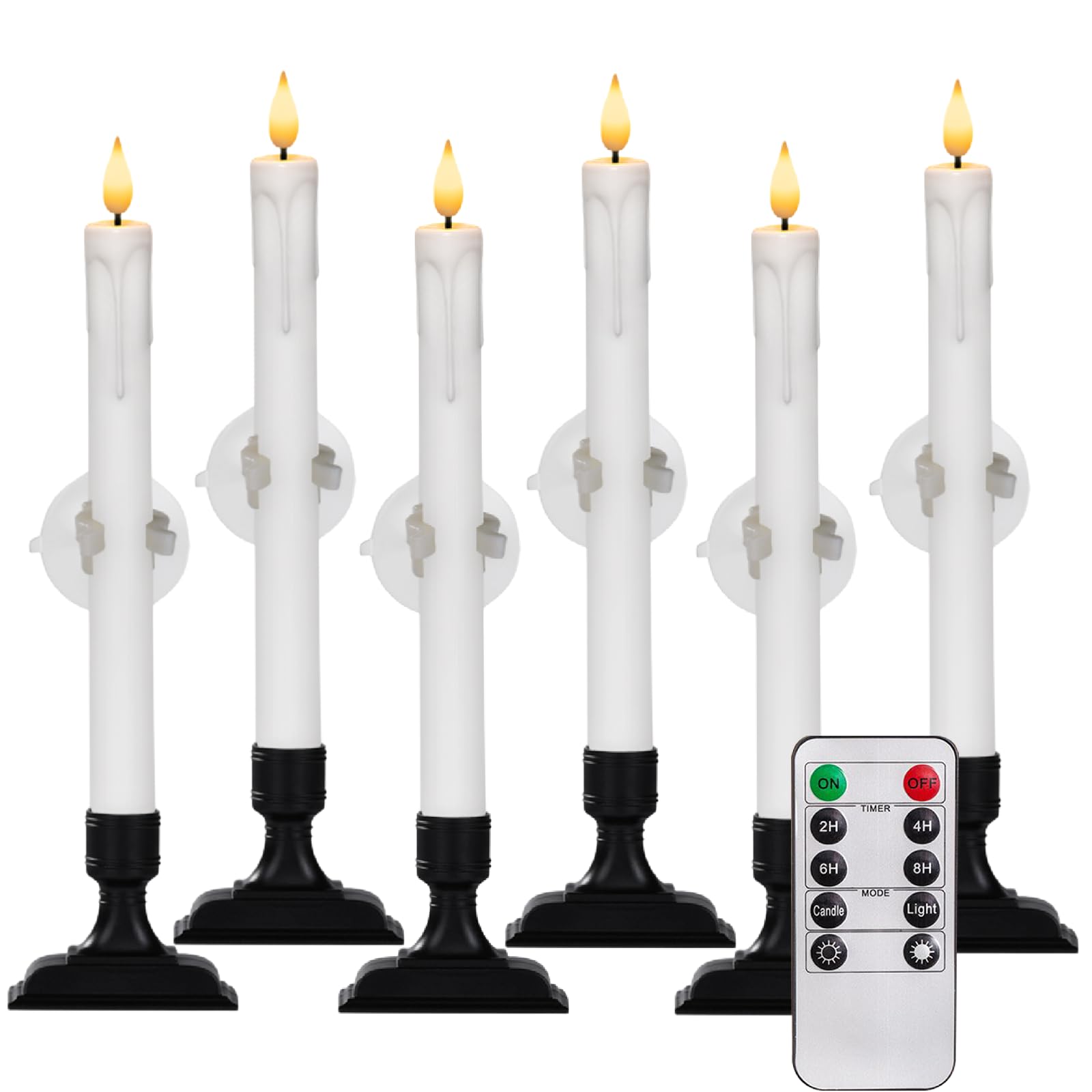 Homemory 6 Pcs Window Candles With Remote Timer Dimmer, Battery Operated Taper Candles With Holders And Suctions, White Christma