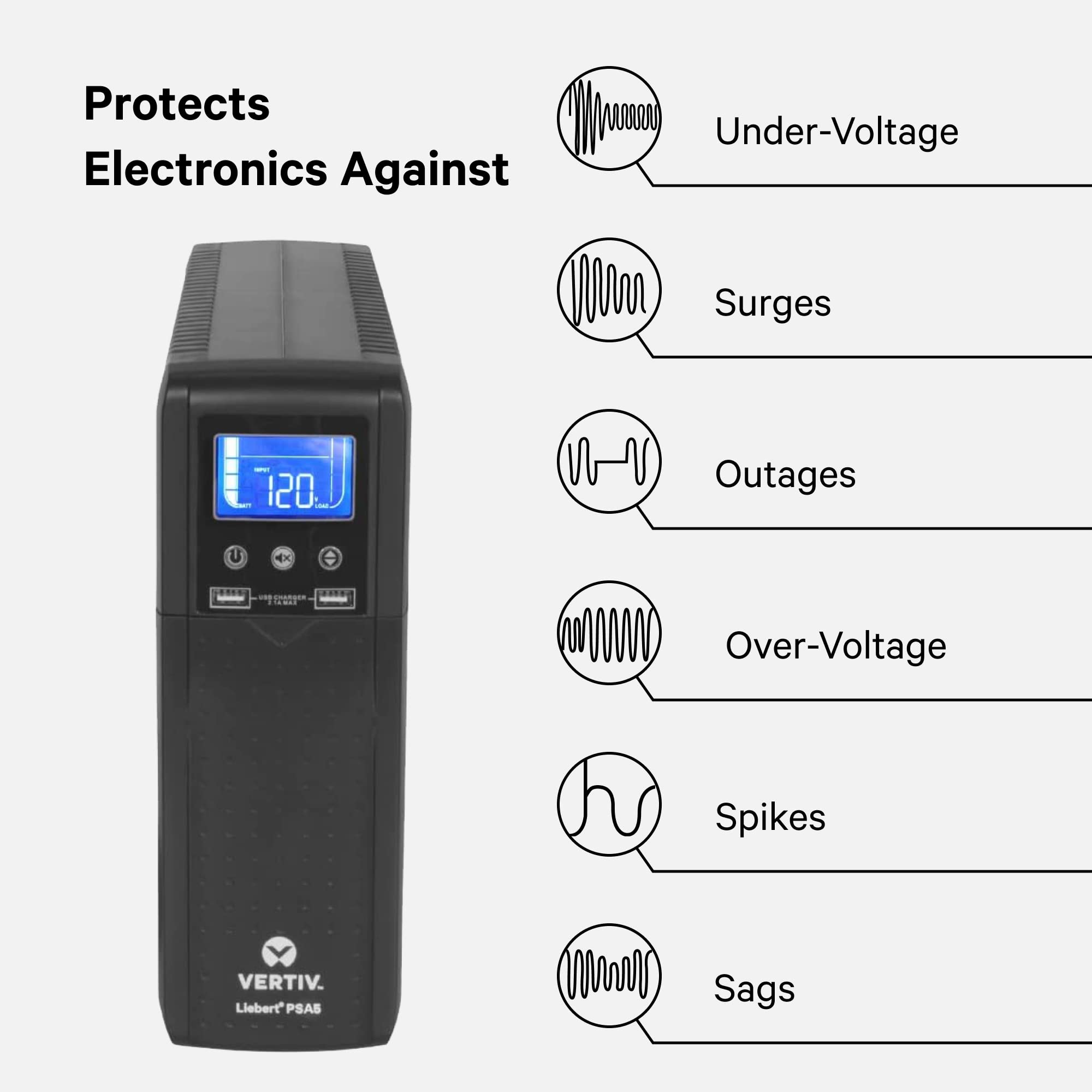 Vertiv Liebert Psa5 Ups - 1000Va/600W 120V Line Interactive Avr Tower Ups, 10 Outlets, 2 Usb Charging Ports, Battery Backup W/ S