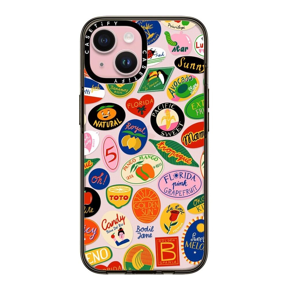 Casetify Compact Case For Iphone 15 [2X Military Grade Drop Tested / 4Ft Drop Protection]   Fruit Stickers   Clear Black