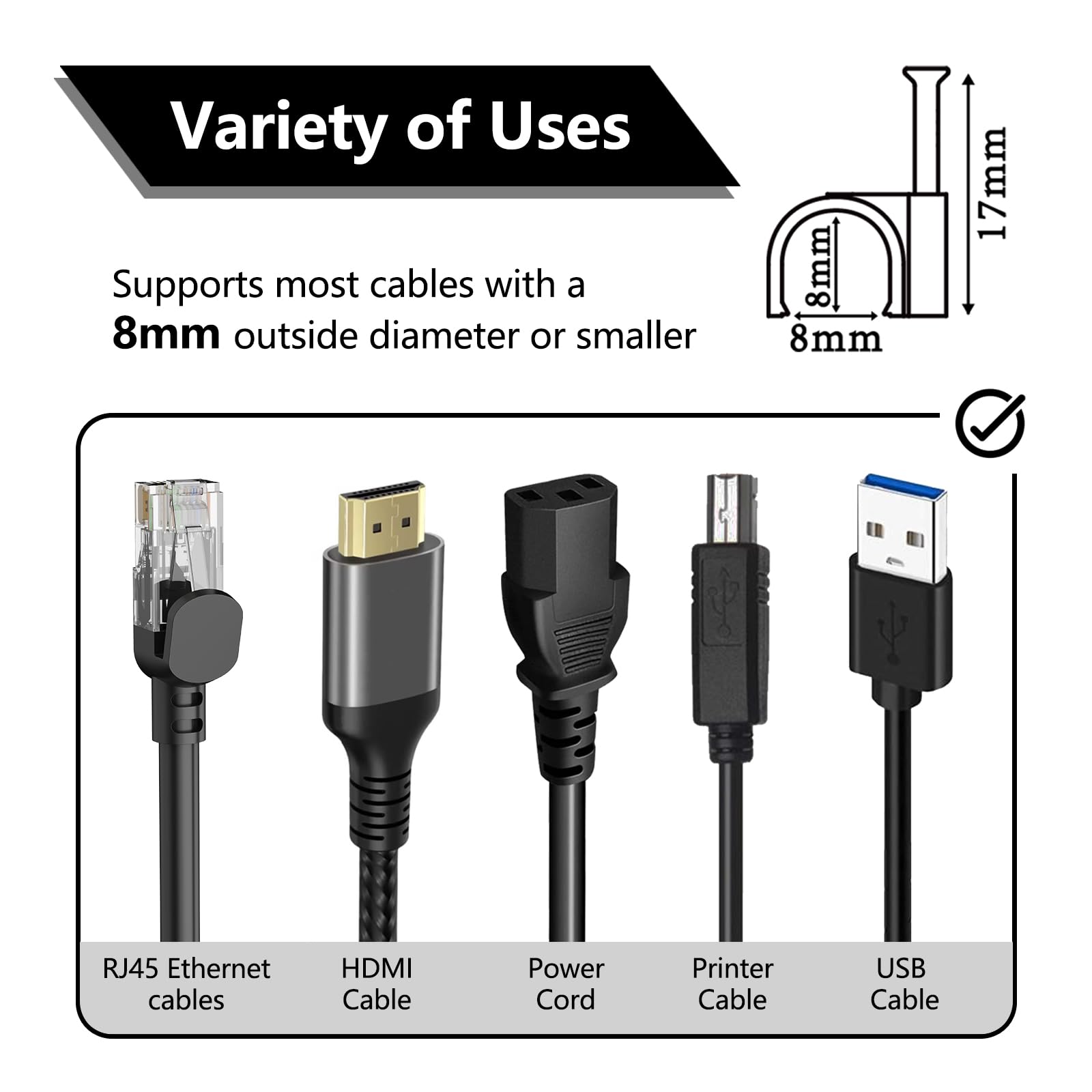 Jadaol Cable Clips 100Pcs 8Mm Nail In Clips For Round Ethernet Cables Wall Clips Cable Tacks Electrical Wire Tv Cable Speaker Wi