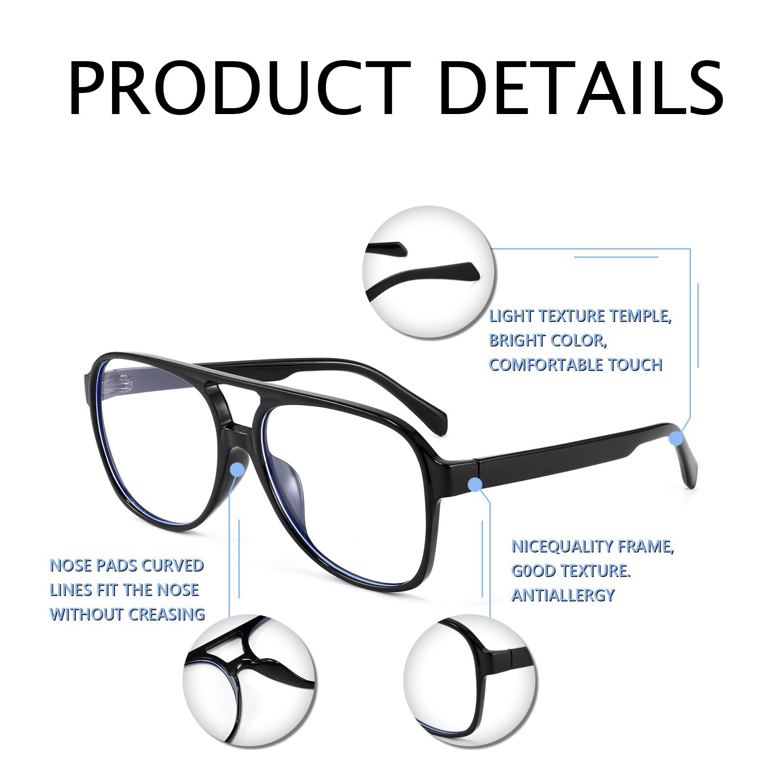 Feisedy 70S Big Aviator Glasses Frame Blue Light Blocking Glasses Oversized Square Computer Glasses Women Men B2888