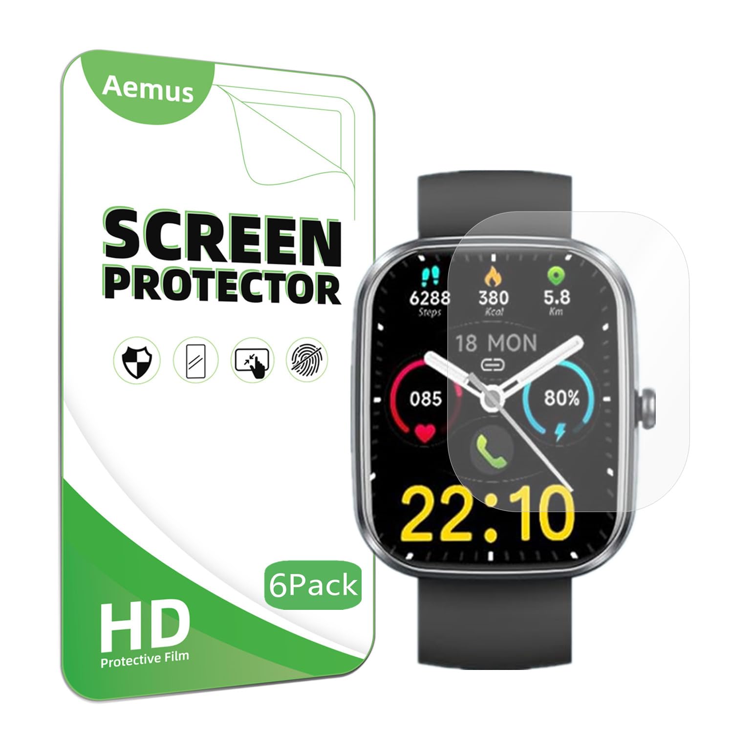 Aemus Screen Protector Compatible For Kuizil Smart Watch 1.91'' (6 Pack) Clear Tpu Soft Film, For T70 Fitness Watch Screen Film