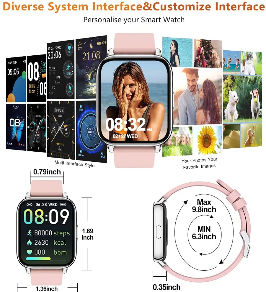 Mugo Smart Watch For Women, Fitness Watch 1.69'' Touch Screen Smartwatch, Pedometer Watch With Heart Rate And Sleep Monitor, Ip6