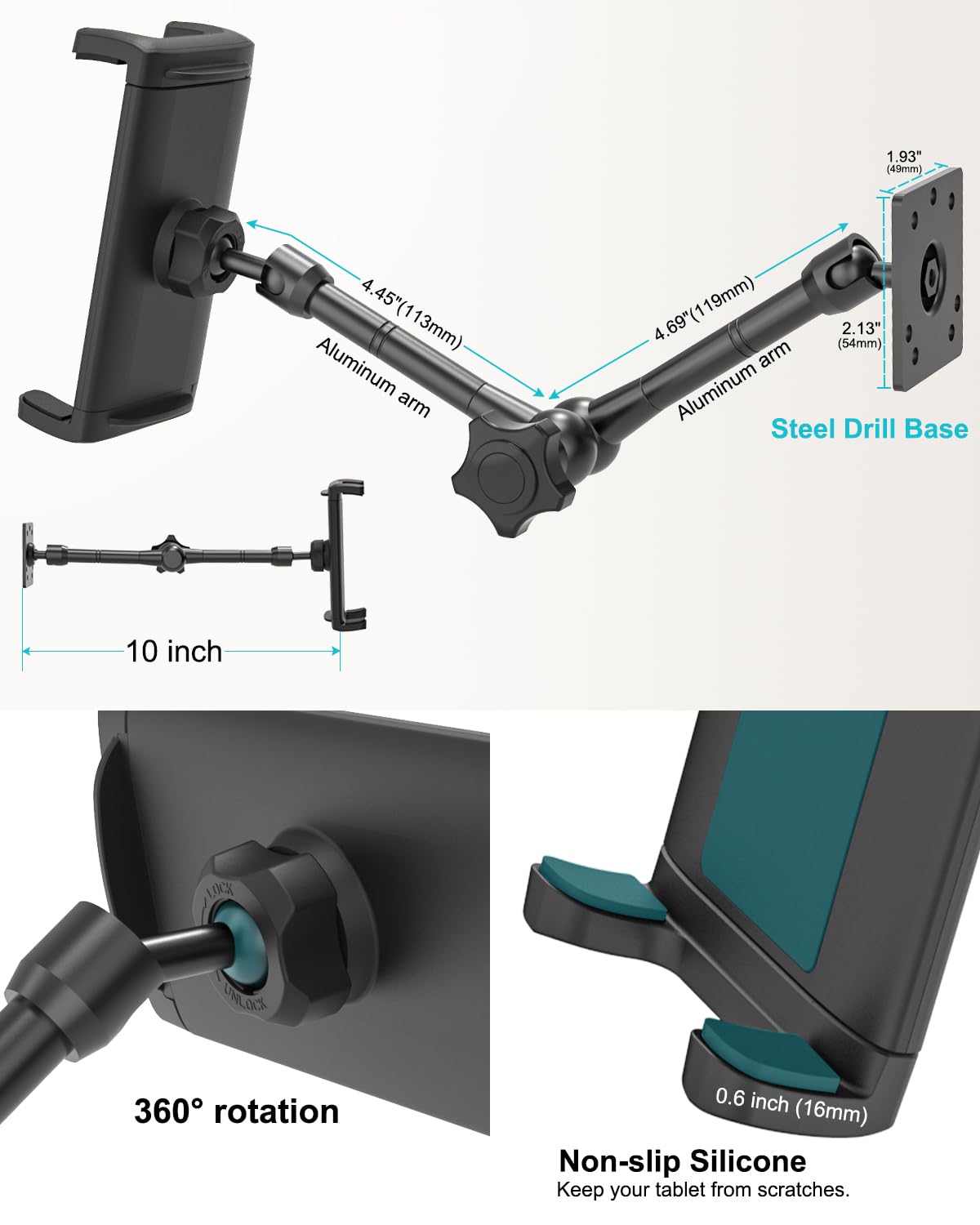 Dosvsi Tablet Wall Holder, Metal Magic Arm Tablet Wall Mount, Drill Base Phone Wall Stand For Kitchen/Office/Kiosk, Fits Ipad Pr