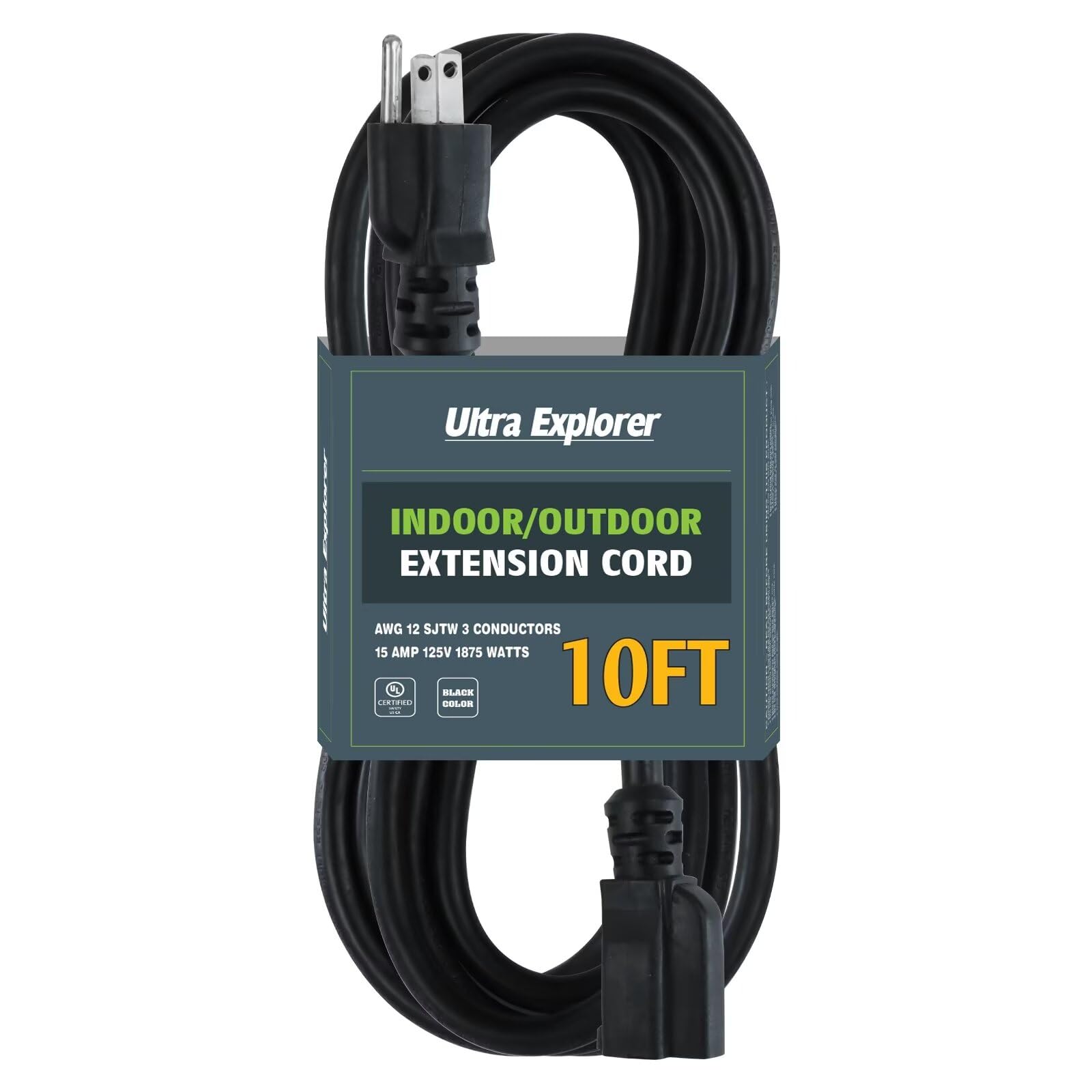Ultra Explorer Black Outdoor Extension Cord 10 Ft, 12/3 Sjtw Heavy Duty Black Extension Cable With 3 Prong Grounded Plug   Power