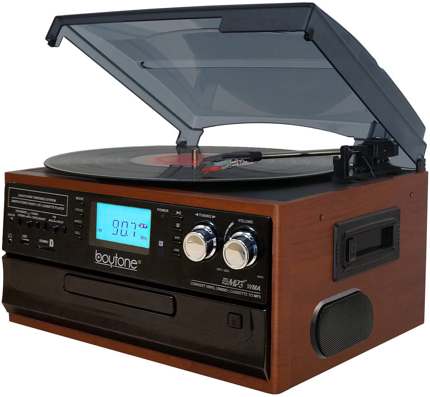 Boytone Bt 22Ms, Bluetooth Record Player Turntable, Am/Fm Radio, Cassette, Cd Player, 2 Built In Speaker, Ability To Convert Vin