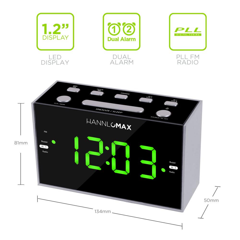 Hannlomax Hx 122Cr Alarm Clock Radio, Pll Fm Radio, Dual Alarm, 1.2 Inches Green Led Display, Usb Port For 1A Charging, Ac Power