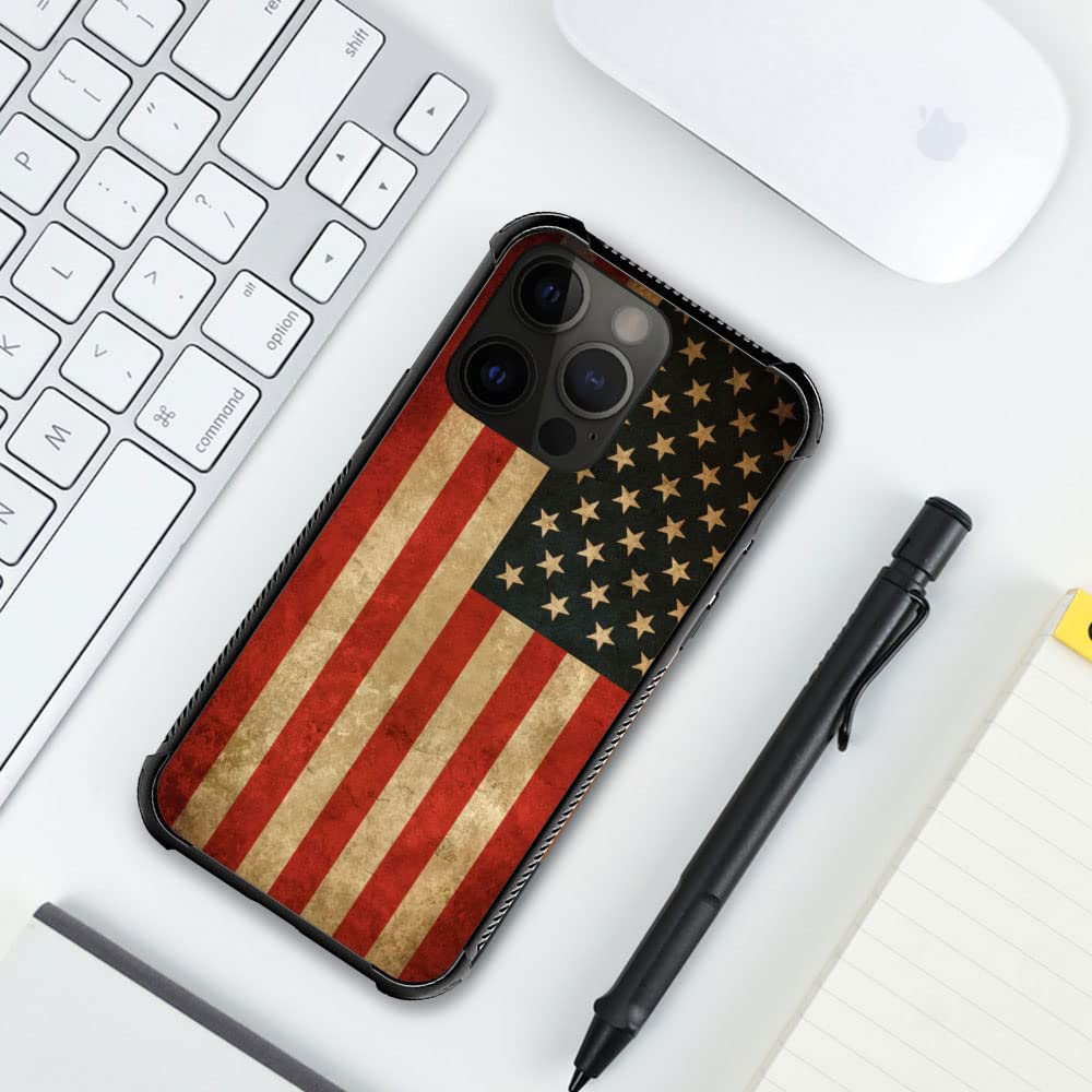 ZHEGAILIAN iPhone 14 Pro Case Vintage Grunge American Flag Tempered Glass TPU Shock Protective