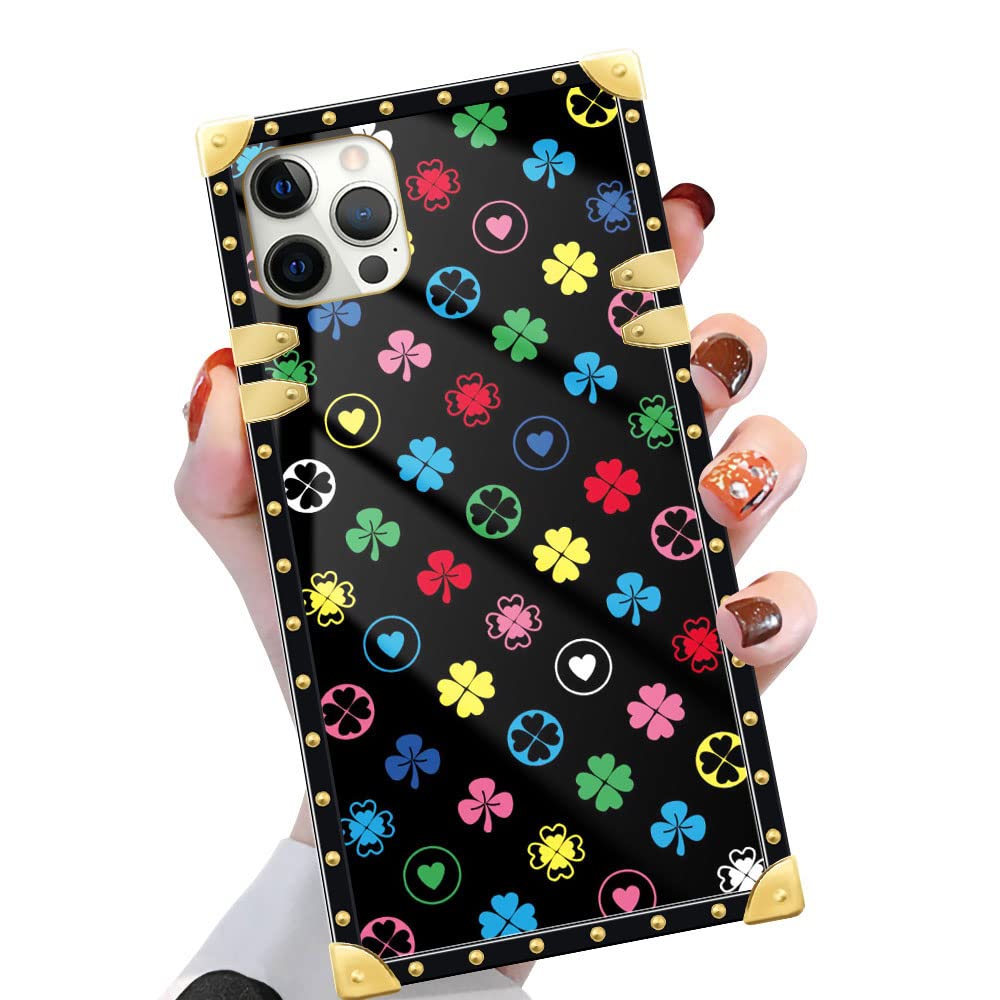 Yuning419 Case Compatible With Iphone 13 Mini,Colorful Love Four Leaf Clover 13 Mini Case For Girl,Luxury Square Soft Tpu Shockp