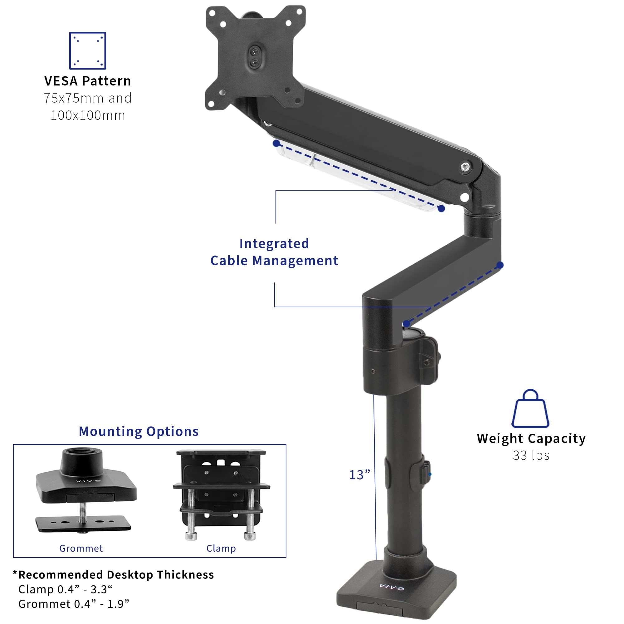 VIVO Premium Aluminum Tall Extended Monitor Arm for Ultrawide Monitors up to 49 inches and 33 lbs, Single Desk Mount Stand, Pneumatic Height Adjusting, Max VESA 100x100, Black, STAND V101GT