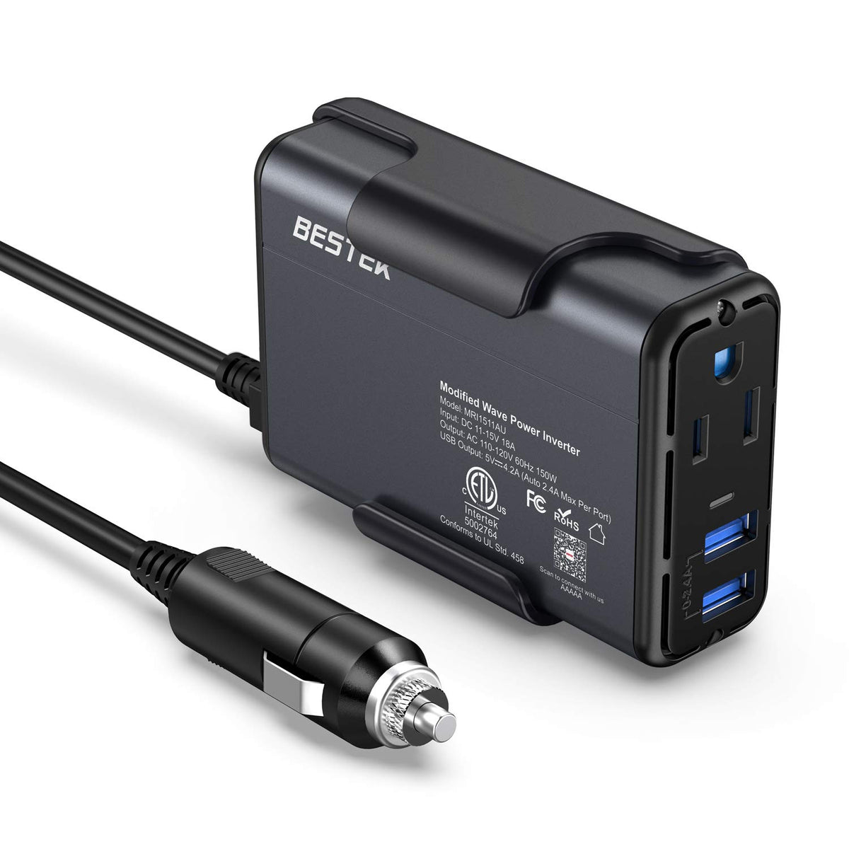 Bestek 150W Power Inverter Dc 12V To 110V Ac Converter 4.2A Dual Usb Car Plug Adapter Outlet Converter (Gray)