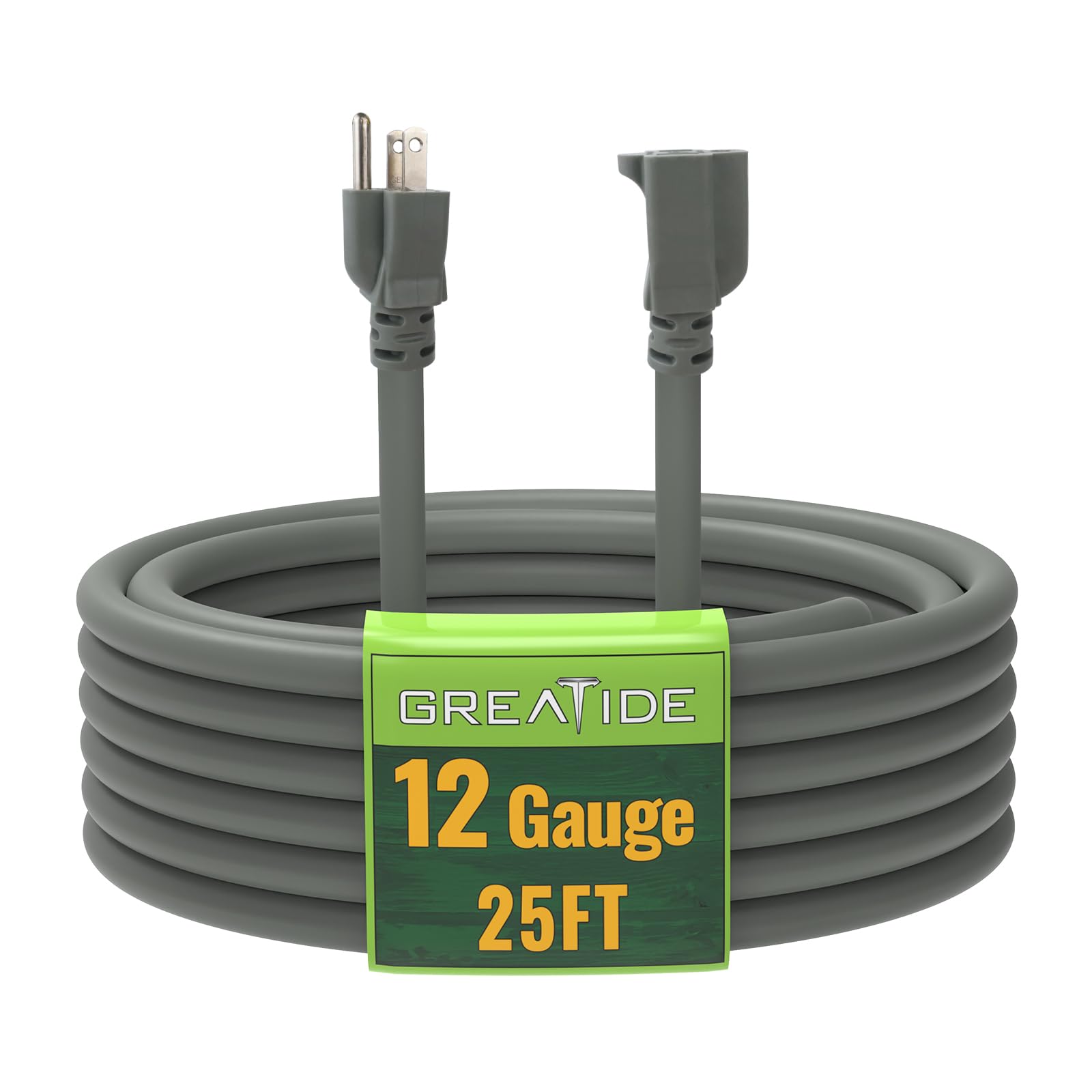 Greatide 25 Ft Outdoor Extension Cord   12/3 Sjtw Heavy Duty Grey Extension Cable With 3 Prong Grounded Plug   Power Cord For La