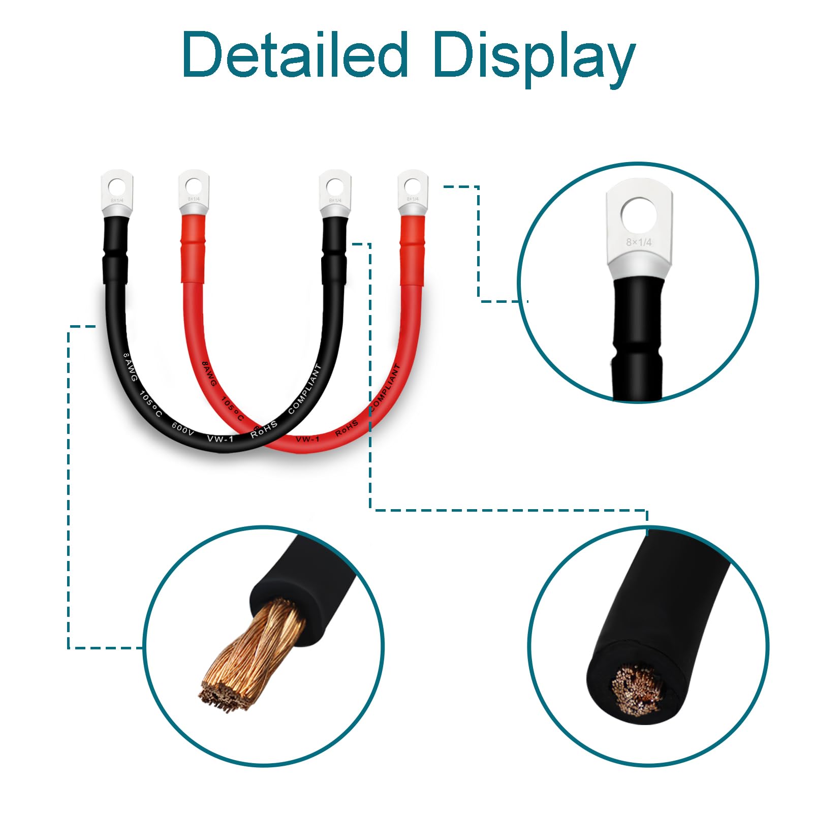 Qiatol Battery Cable, 8 Awg Battery Cables With Terminals, 2Pcs Copper Battery Cables.
