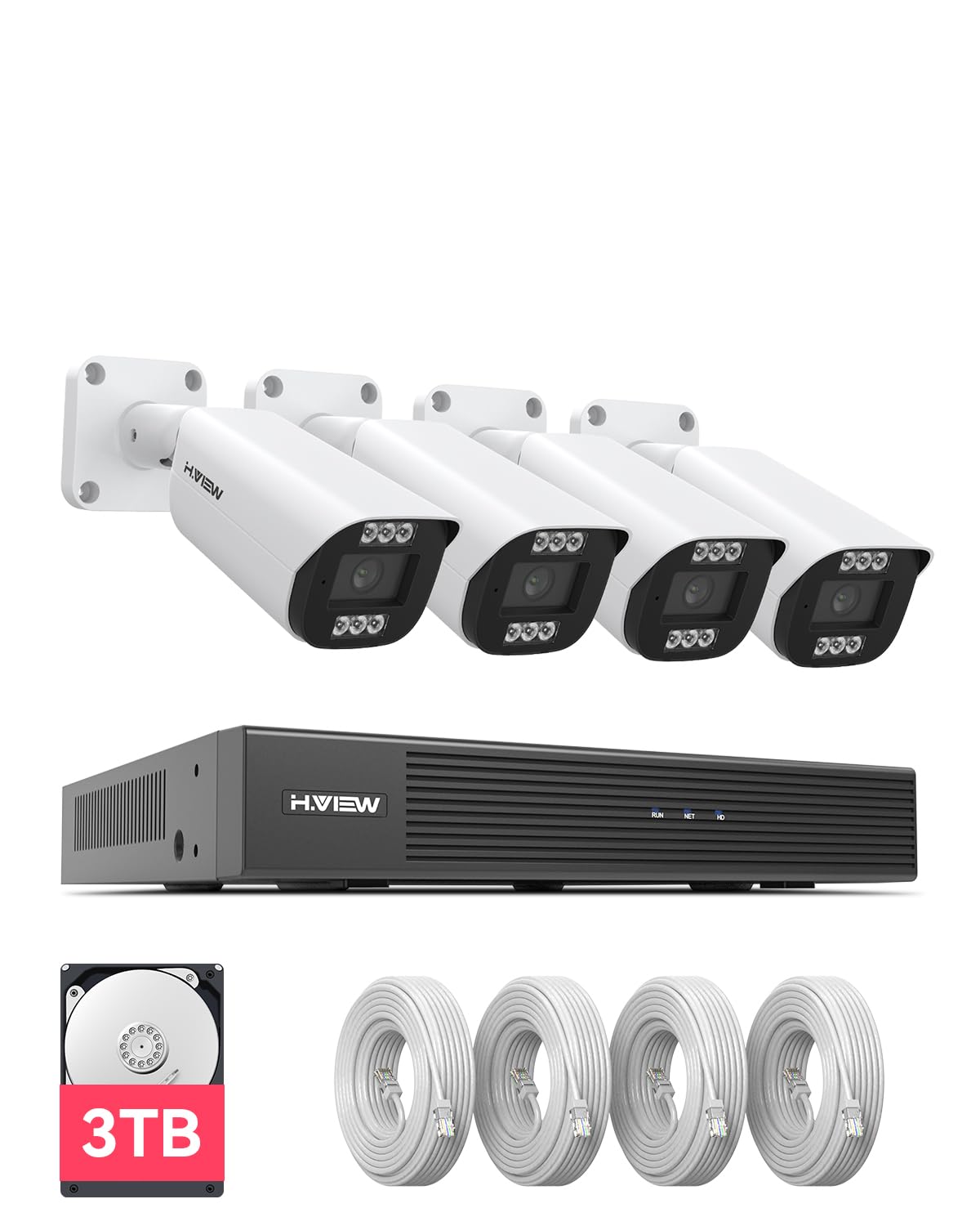 H.View 8Ch 4K Nvr 3Tb, 8Ch 4K Home Security Camera System, 4Pcs Outdoor 8Mp Poe Security Camera, Ai Human Detection, Two Way Aud