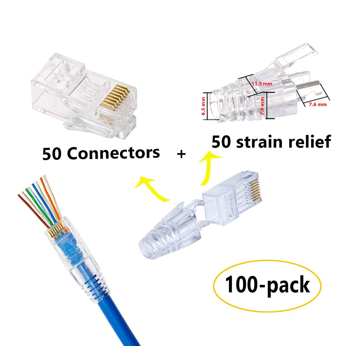 Petechtool Rj45 Cat6 Pass Through Connectors Gold Plated 8P8C Plugs And Strain Relief (50Xcat6Plug+50Xstrain Relief)