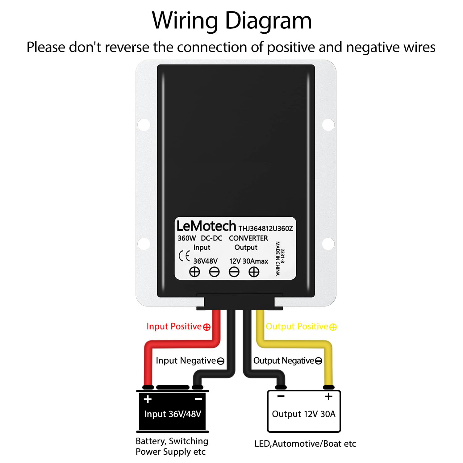 Lemotech Dc 36V/48V To 12V Converter 30A 360W Step Down Converter Voltage Reducer Ip68 Waterproof Transformer For Golf Cart Truc