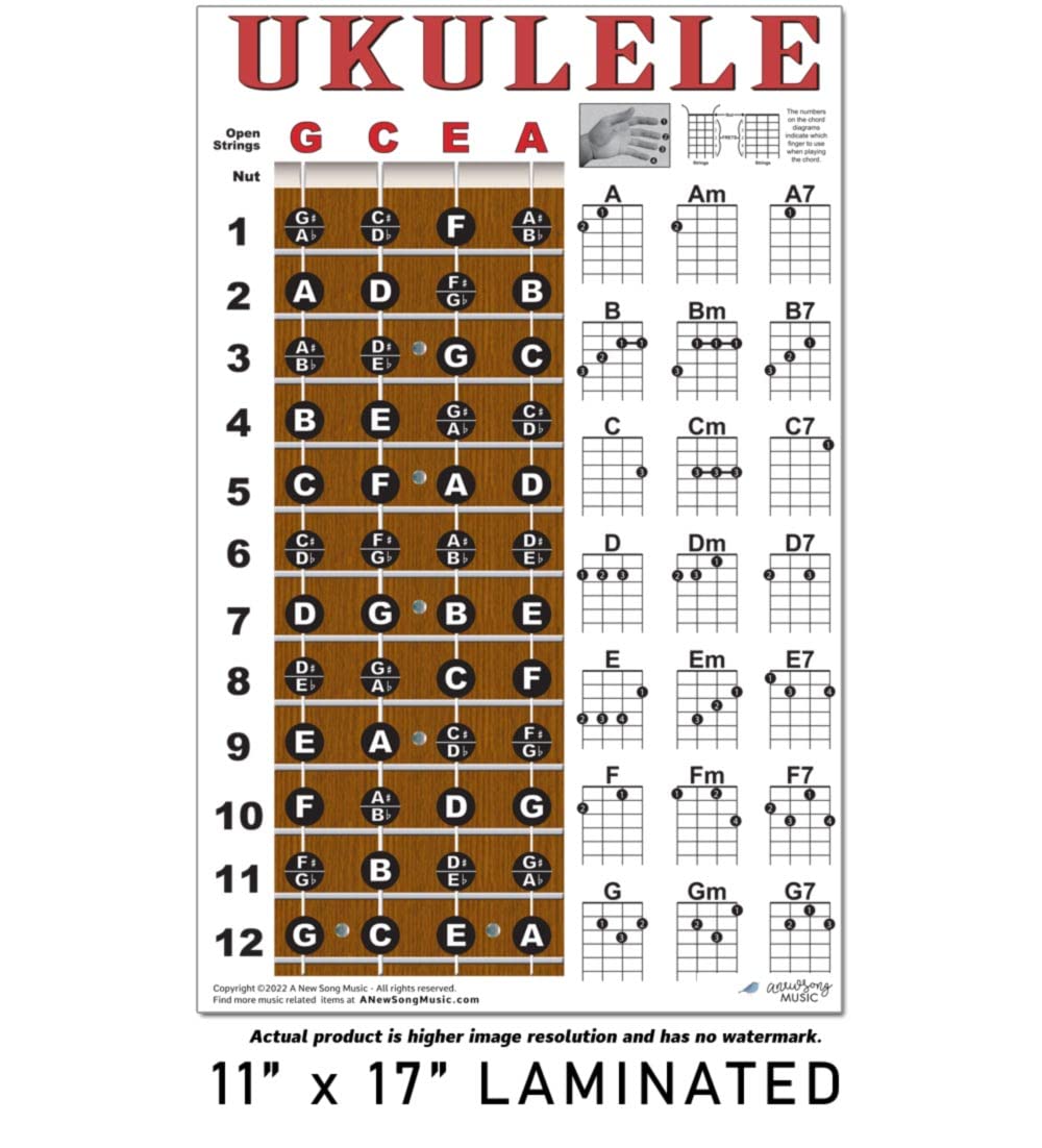 Laminated Ukulele Fretboard Notes & Easy Beginner Chord Chart 11''X17'' Instructional Poster For Soprano Concert Tenor Uke By A