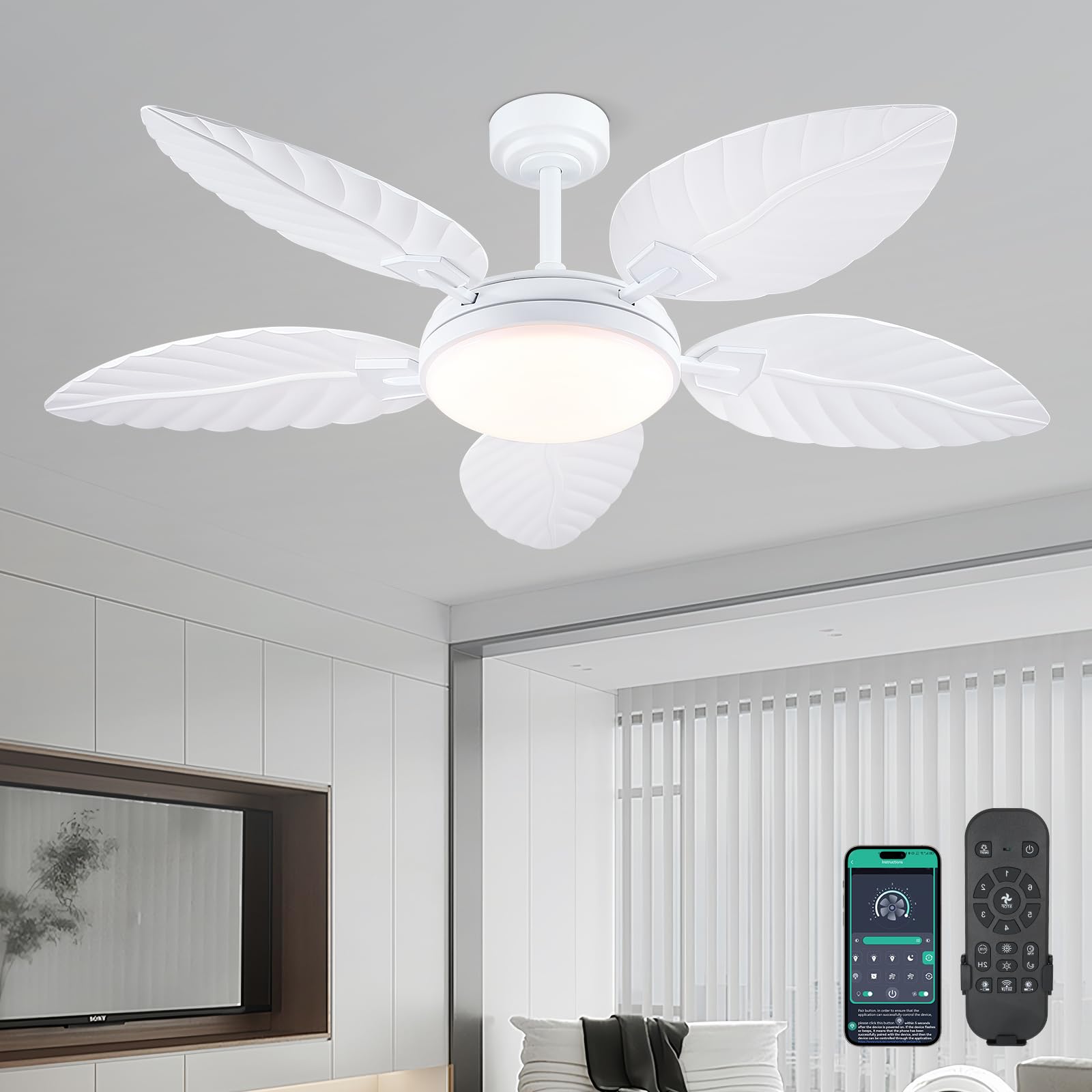 PHORUS 52 Palm Leaf Ceiling Fan with Lights, White Tropical Outdoor Ceiling Fan with Remote/APP for Bedroom Patio,Dimmable 3 Col