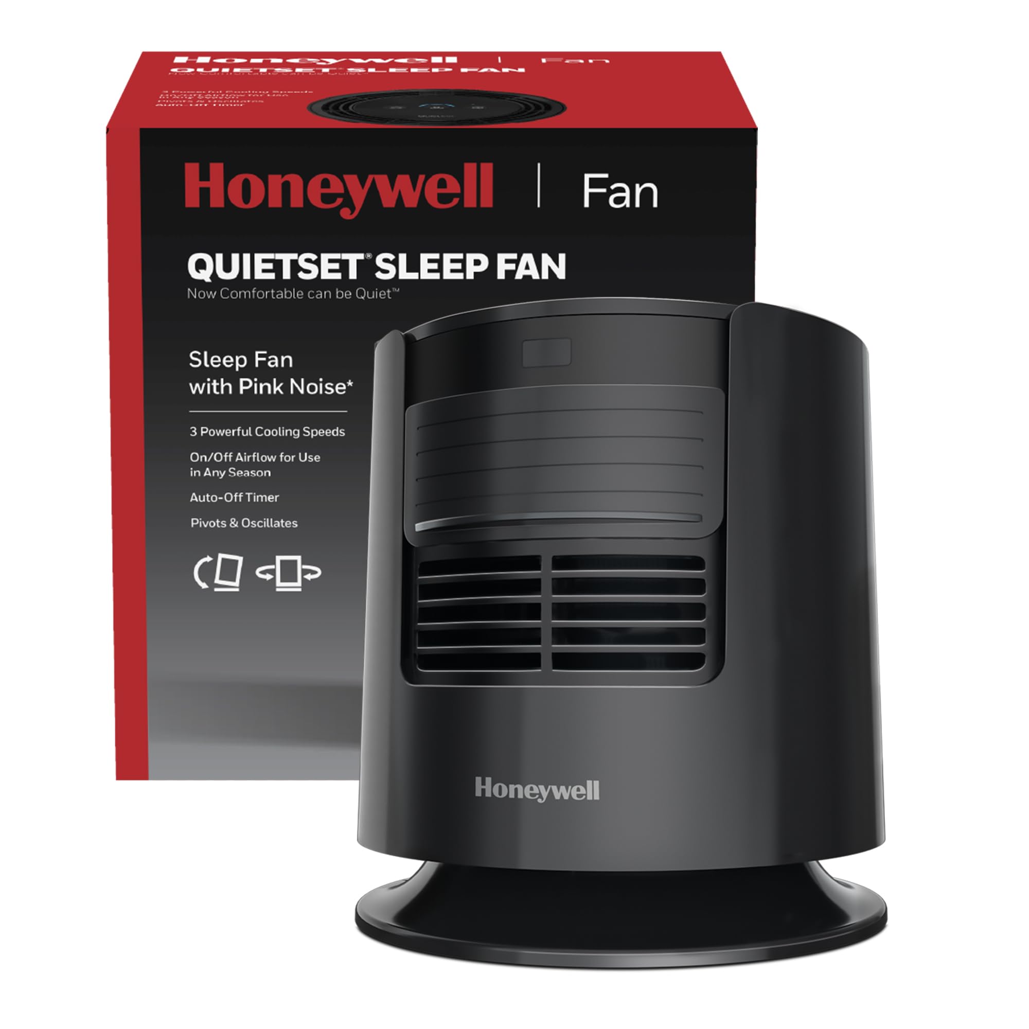 Honeywell QuietSet Personal Sleep Fan Noise Machine with Pink Noise, 3 Speeds, Adjustable Head, Nightstand and Bedside Fan, Blac