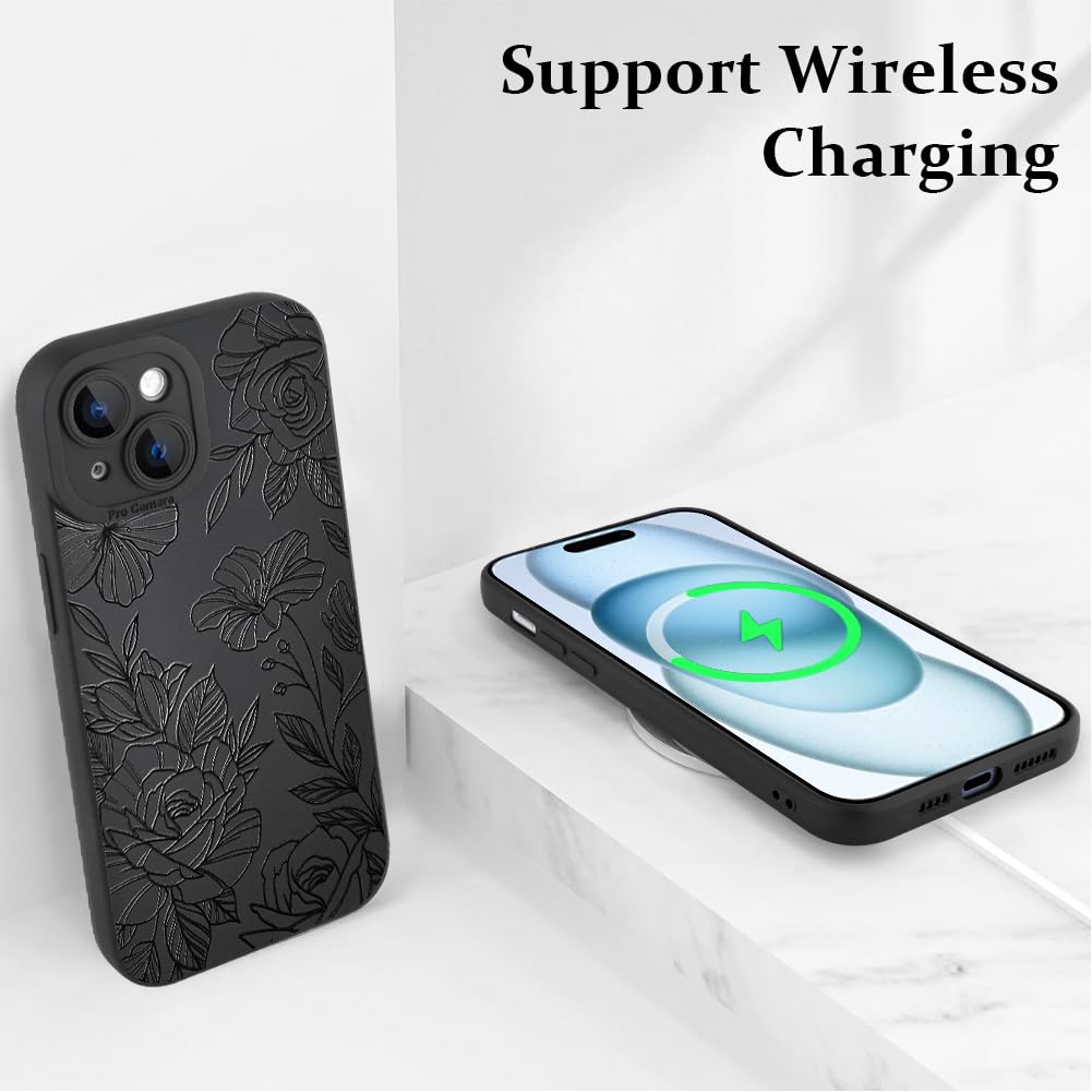 Lsl Case For Iphone 15 Black Floral Flower Pattern Print Case Soft Tpu Full Camera Lens Anti Drop Anti Scratch Shockproof Protec