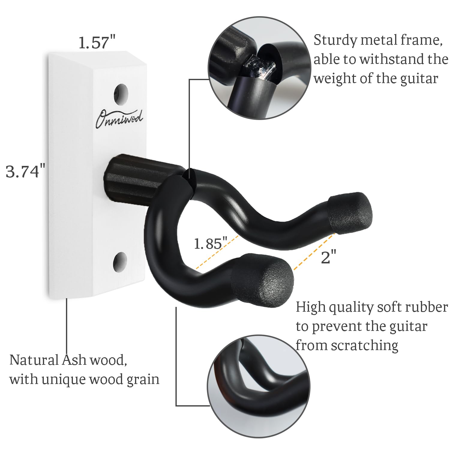 Onmiwod Guitar Wall Mount 3 Pack, White Hardwood Guitar Hanger, U Shaped Guitar Wall Hanger Mount, Guitar Holder Hook Stand Wall