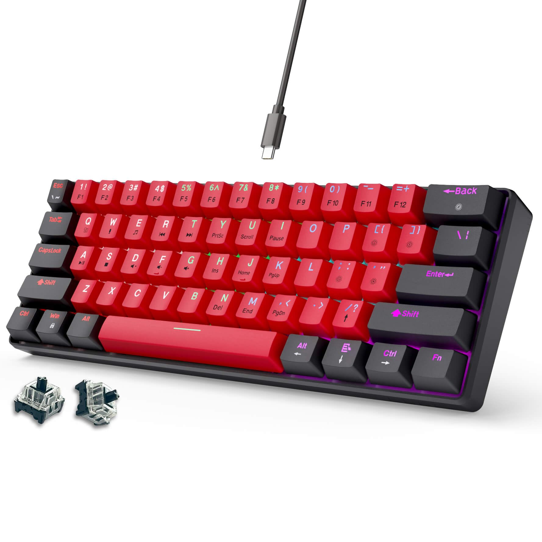 abucow 60% Mechanical Gaming Keyboard Black Switch Wired Compact Keyboard AntiGhosting NoConflict 61 Swappable keycaps Ergonom