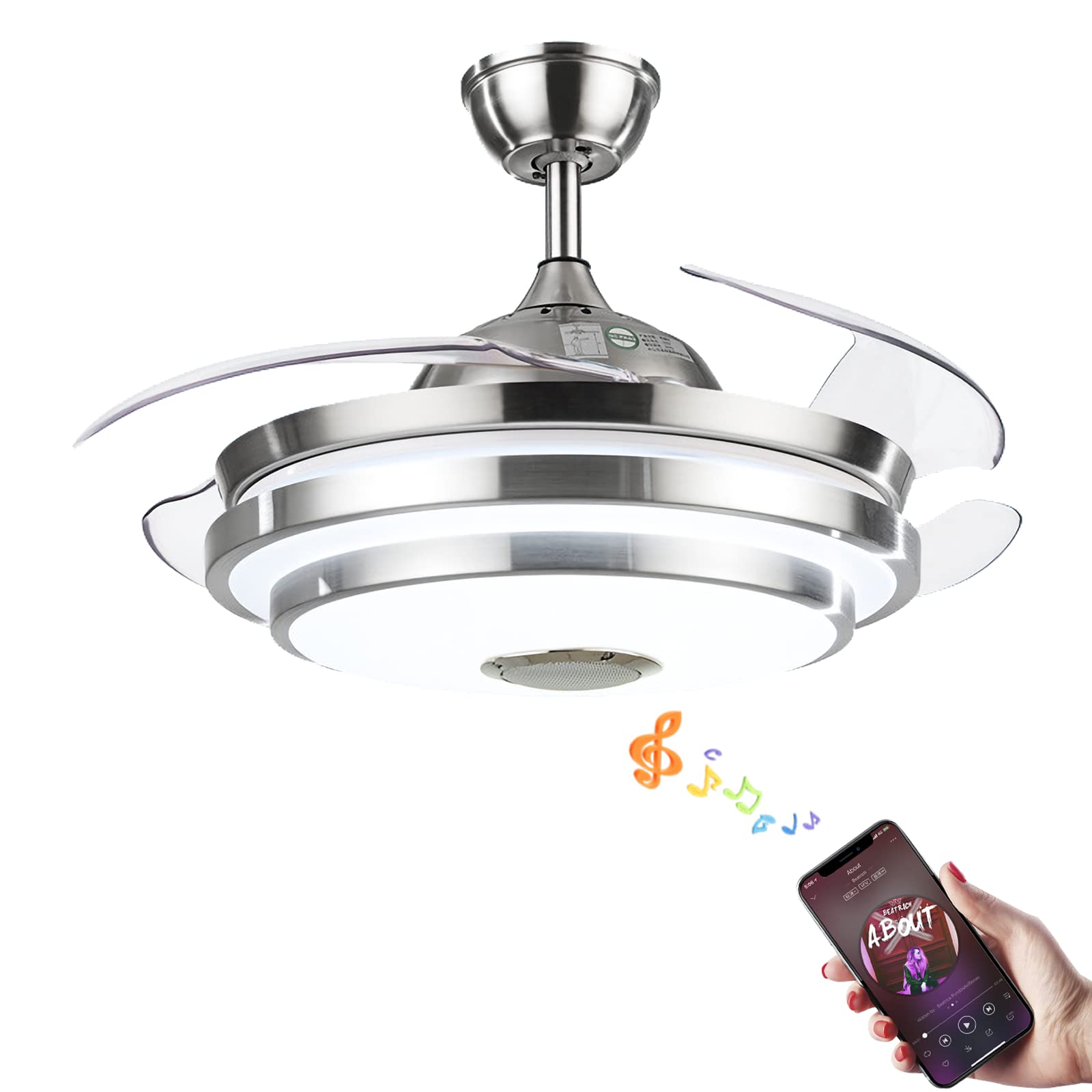 Fandian 42 Modern Retractable Ceiling Fans with Light Bluetooth Speaker Smart Chandelier 3 Color Changes 3 Speeds Invisible Bl