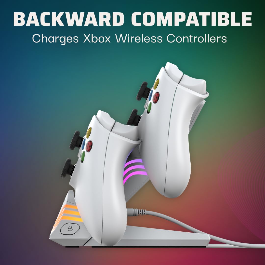 Pdp Afterglow Wave Led Dual Gaming Charger For 2 Xbox Controllers, Customizable Rgb Lighting Effects - White