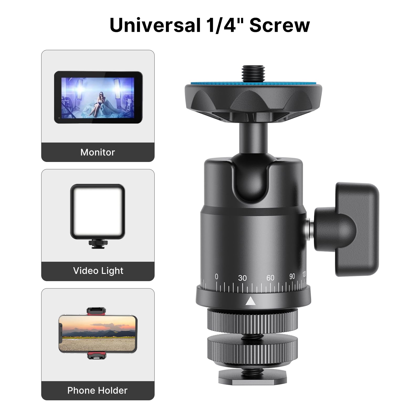 Mini Ball Head, Rubesee Panoramic Camera Tripod Head With 1/4'' Screw Shoe Mount, 360 Rotatable Metal Adapter For Dslr Camera Tr