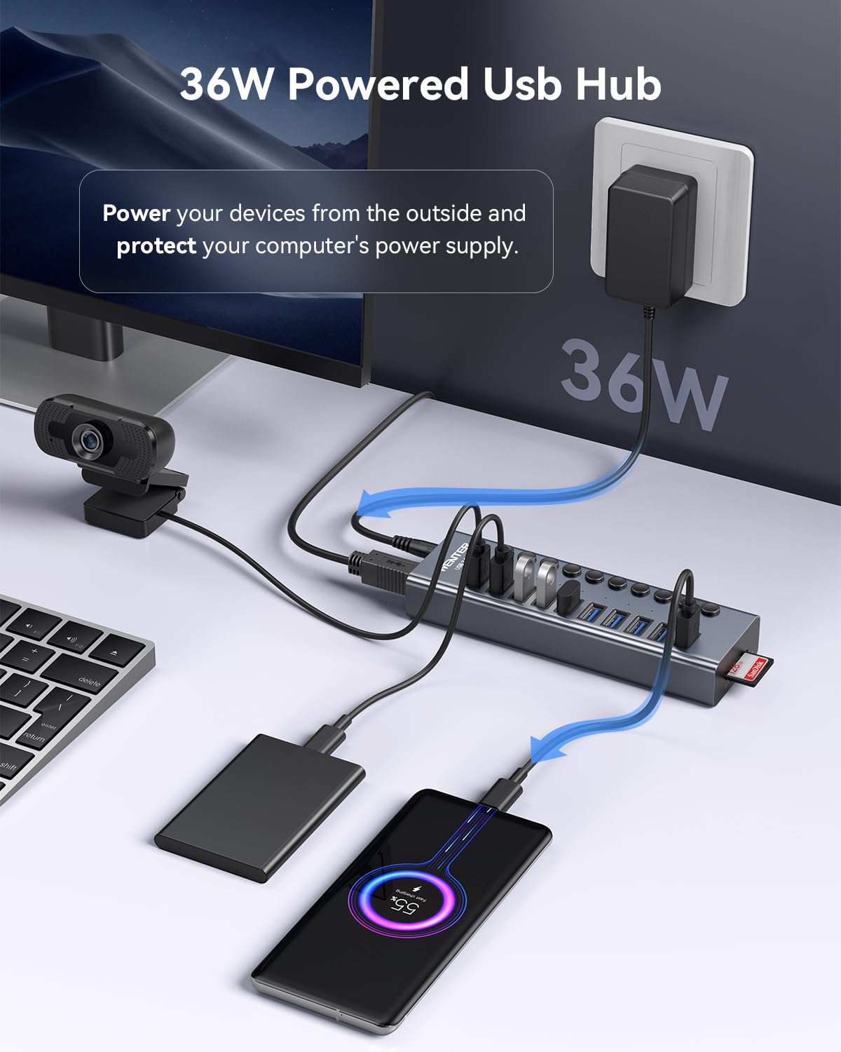 Wenter Powered Usb Hub 3.0 With Sd/Tf Card Reader, Aluminum 10 Port Powered Usb Hub (9 Usb 3.0 Data Transfer Port & 1 Usb Fast Charging Port Hub) Usb 3.0 Hub For Pc, Laptop