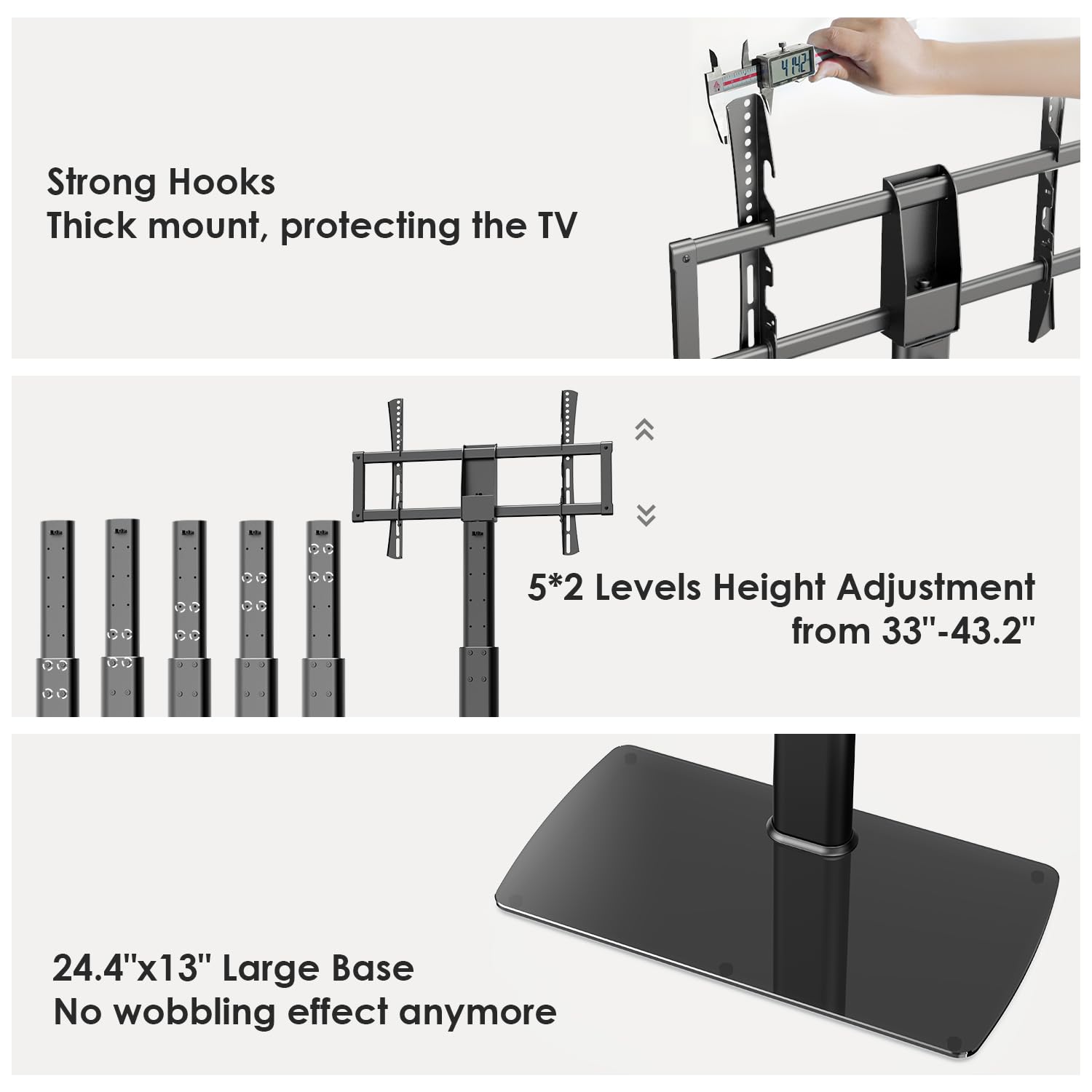 FITUEYES Universal TV Stand Mount for 43 80 85 inch TVs, Swivel Tall TV Mount Stand, Table Top TV Stand Base Replacement, Height Adjustable TV Table Stand, Glass Base, Max Holds 132lbs