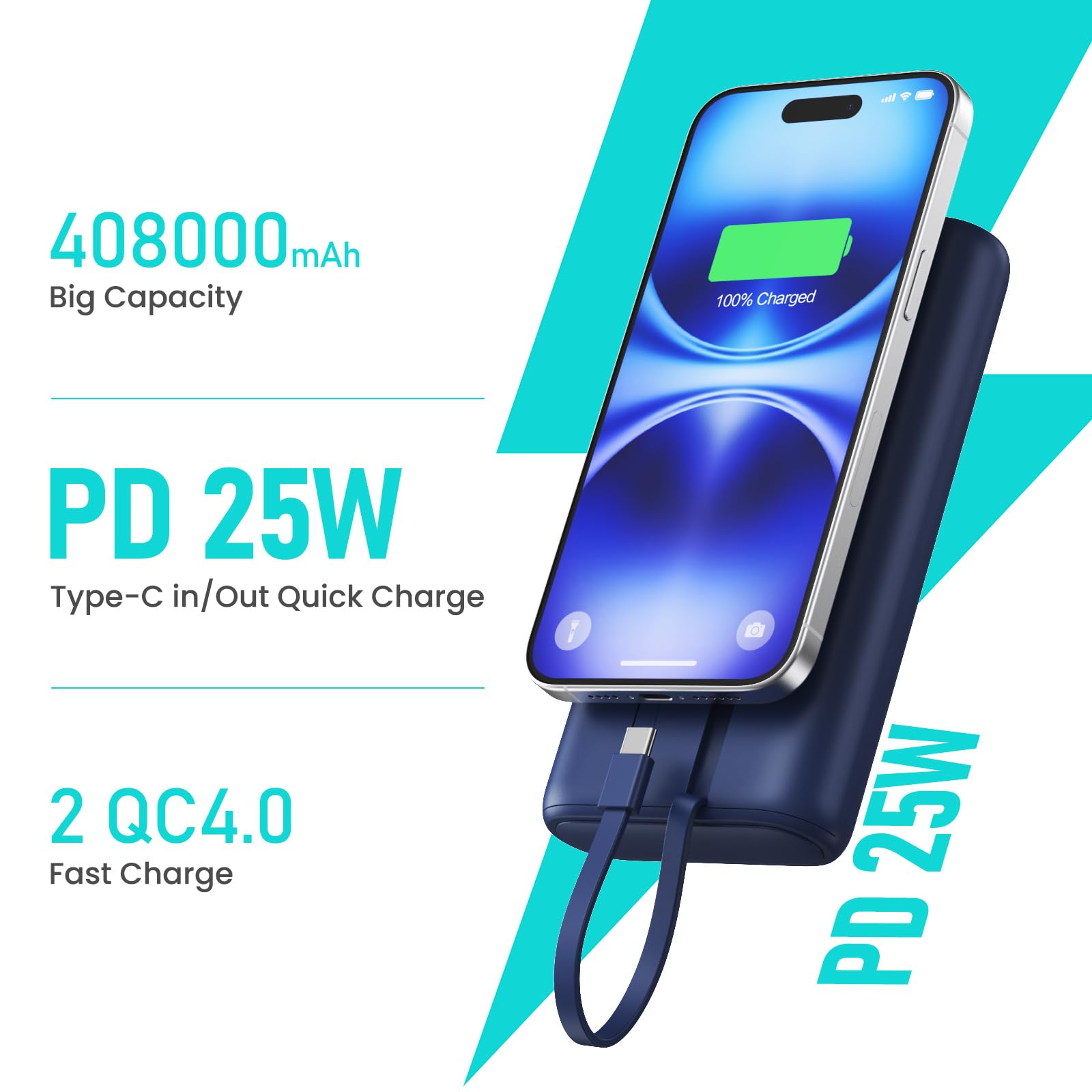 Portable Charger 40,800Mah Power Bank 25W Portable Battery Pack With 2 Built In Cables [2024 Upgraded], Pd Qc4.0 Fast Charging P