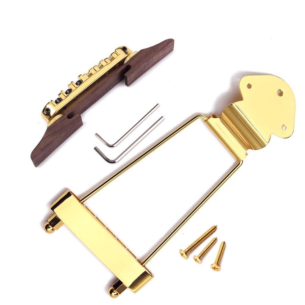 Ogdni 6 String Guitar Trapeze Tailpiece Bridge And Roller Tune O Matic Saddle Bridge For Jazz Archtop Guitar Replacement (Gold)