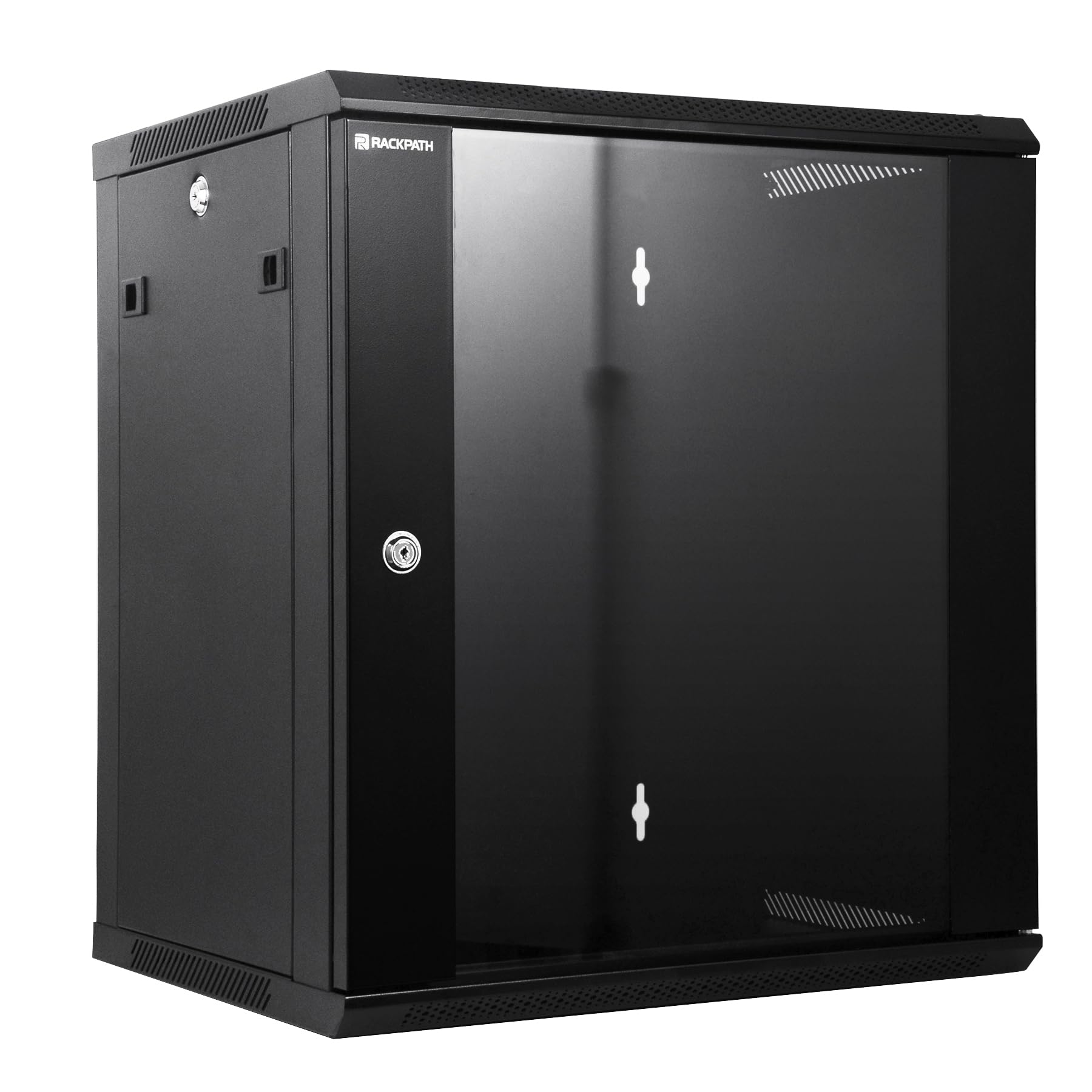 Rackpath 12U Performance Wall Mount Server Cabinet Network Rack Enclosure, Quiet Cooling Fan, Locking Glass Door, Black