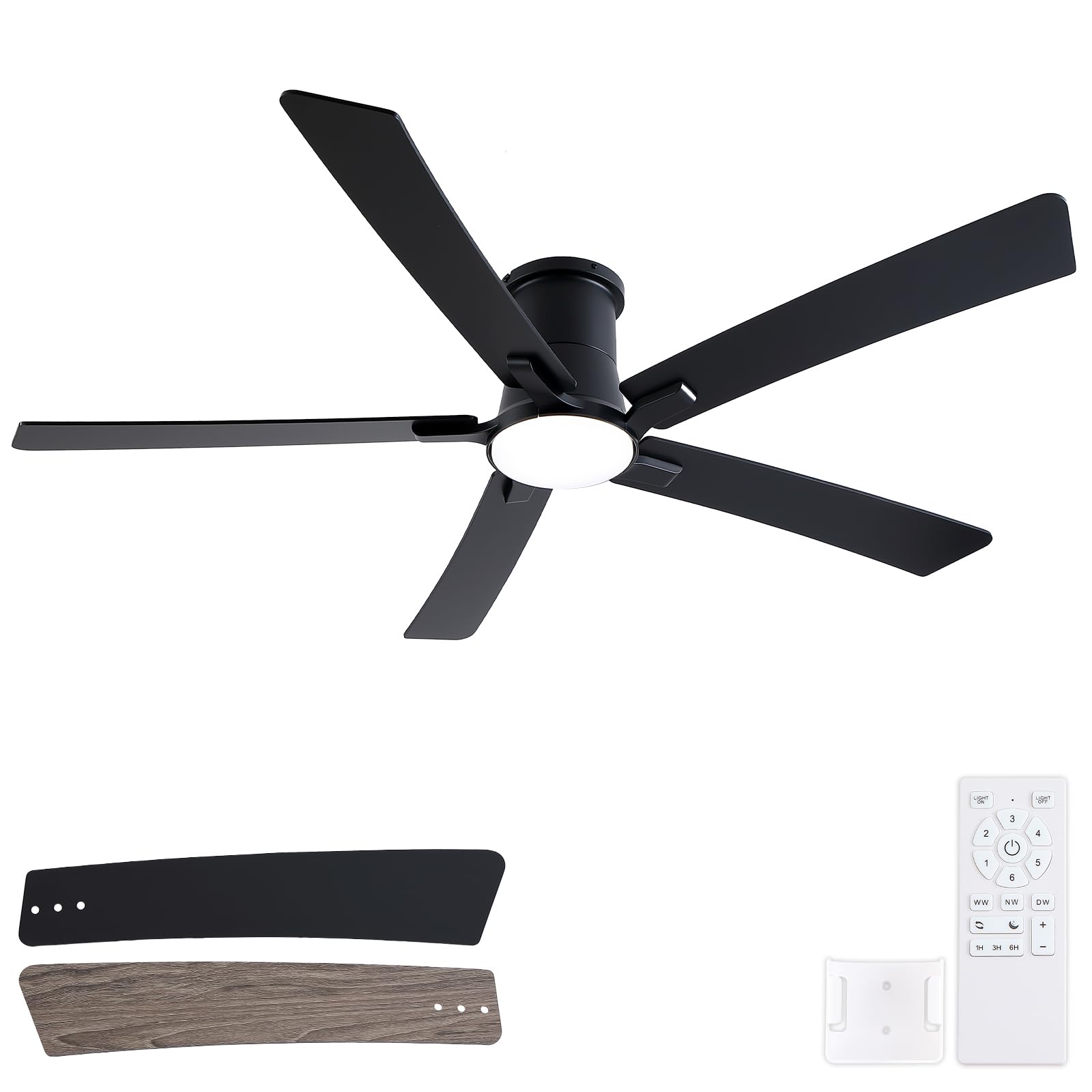 60 Inch Ceiling Fans with Lights and Remote, Black Low Profile Ceiling Fan, Flush Mount Style with 5 Blades, For Indoor Bedroom 