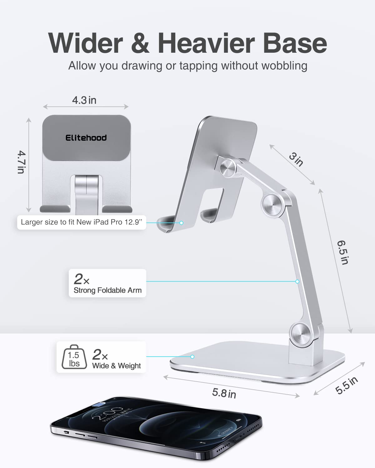 Elitehood Aluminum Ipad Stand, Adjustable Ipad Stand Holder For Desk, Desktop Tablet Stand Dock For Ipad Pro 12.9 11, Ipad Air M