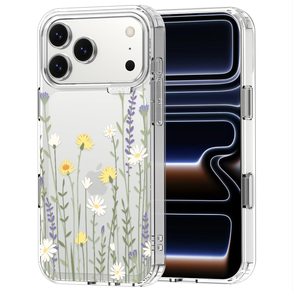 MOSNOVO for iPhone 17 Pro Max Case | Military Grade 6.6ft Drop Tested | Camera Control | Clear with Wild Meadow Design