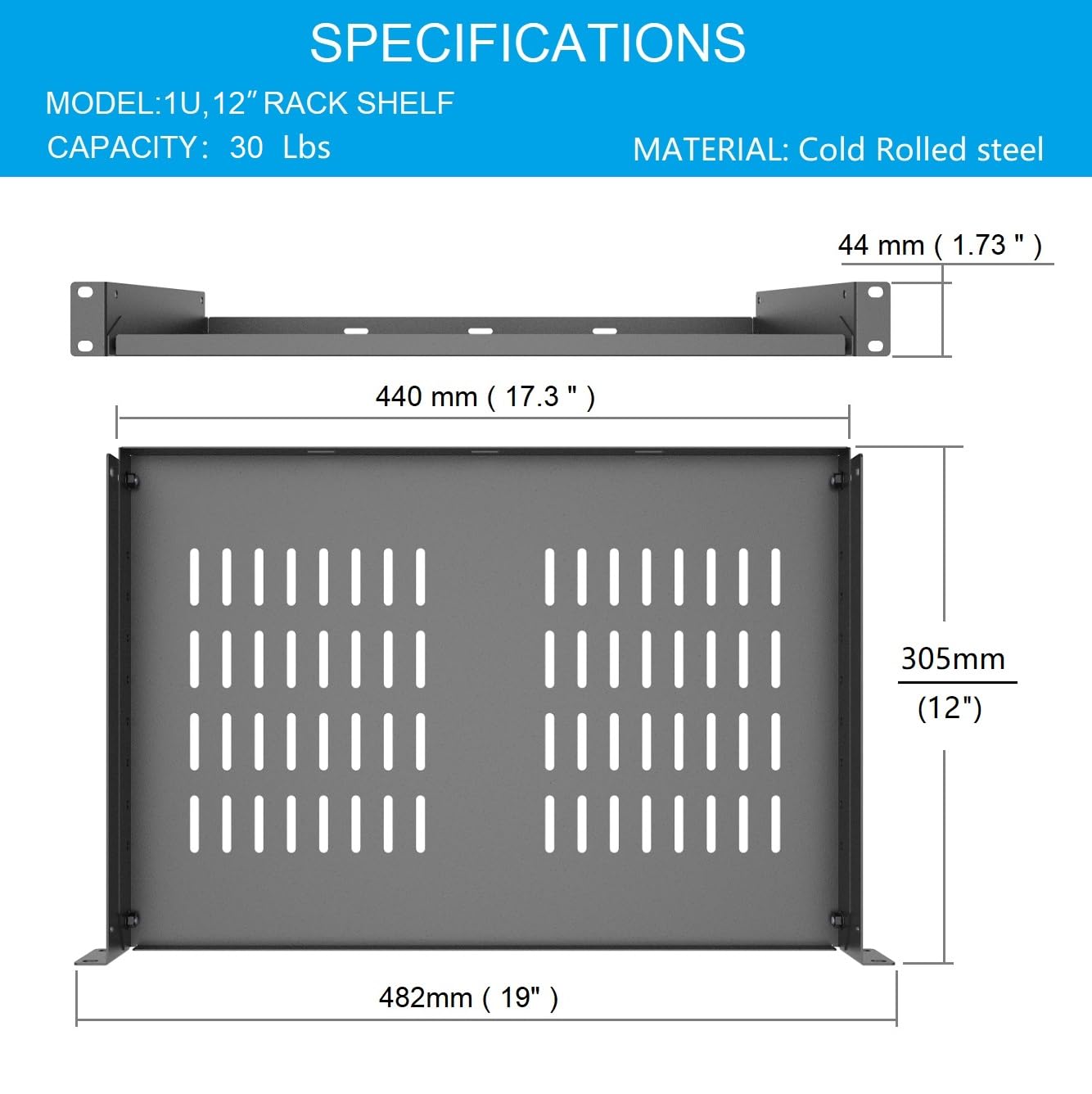 Qiaoyoubang 1U Universal Rack Shelf Steel, 12'' Vented Cantilever Rack Tray For 19    Network Equipment Shelf Mounting, Black (1