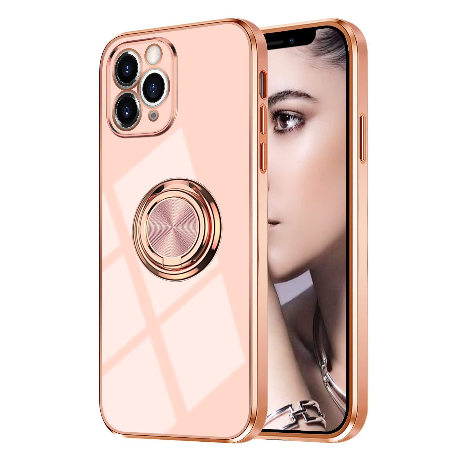 Omorro iPhone 11 Pro Phone Case Pink with Ring Holder Kickstand Shiny Rose Gold Edge TPU