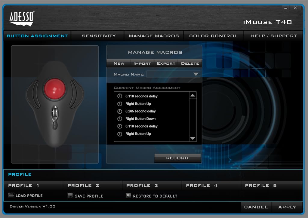 Adesso Imouse T40 Wireless Ergonomic Finger Trackball Mouse With Nano Usb Receiver, Programmable 7 Button Design, And 5 Level Dp
