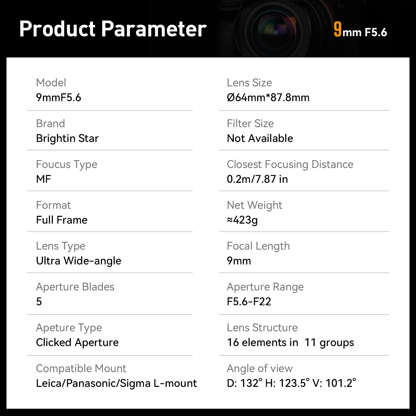 Brightin Star 9Mm F5.6 Full Frame Ultra Wide Manual Prime Lens, Fit For L Mount Leica Sl, Sl2, T, Tl, Tl2, Tl18, Cl/Panasonic Lu