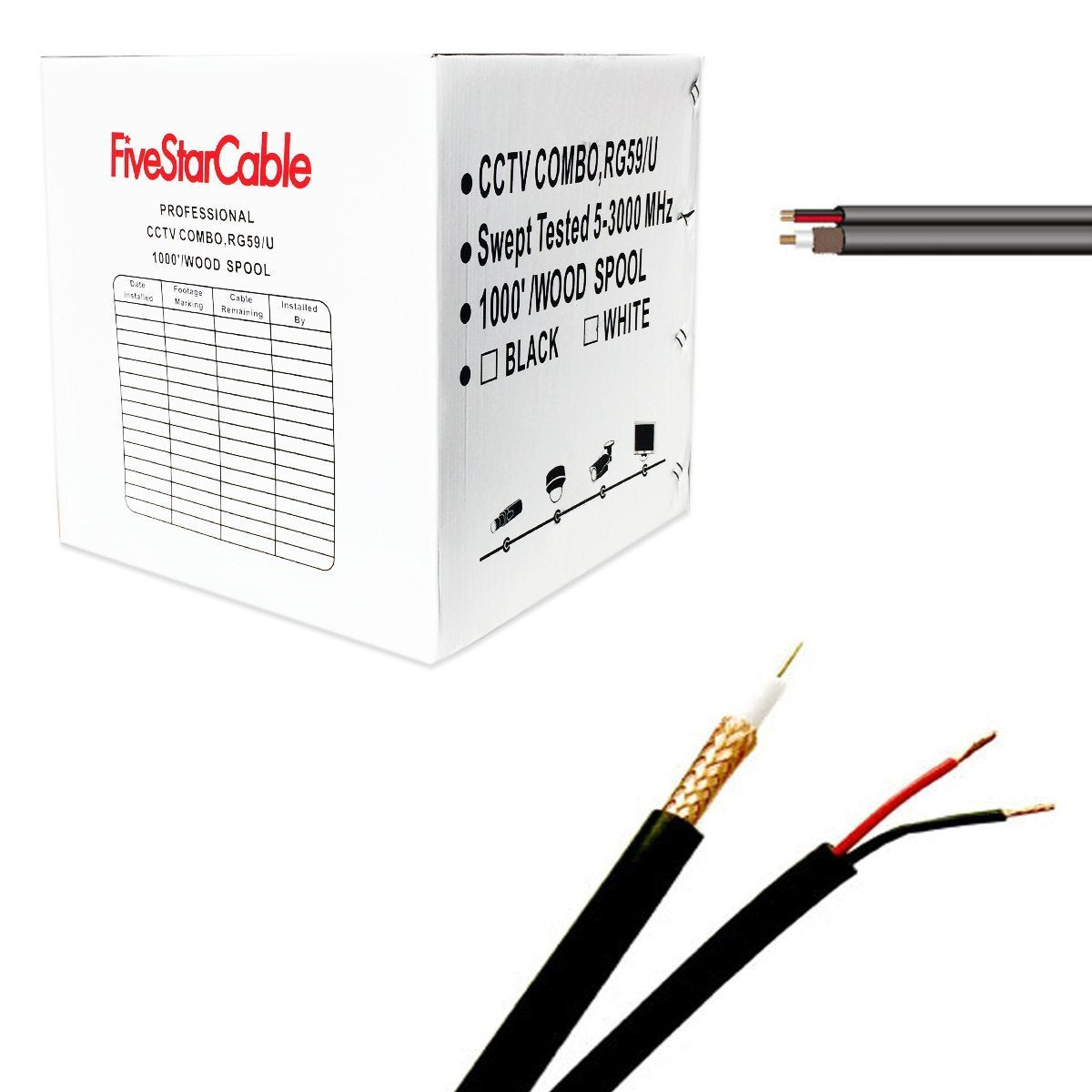 Fivestarcable Rg59 1000 Ft. Siamese Coaxial Cctv   Combo 20 Awg Rg59 Video + 18/2 18Awg Power Cable Color Black