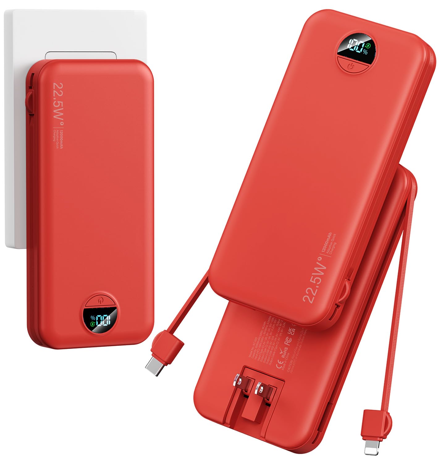 12000mAh Ultra-Portable-Charger-Power-Bank with Built in Cables&AC Wall Plug,PD20W USB-C Fast Charging Cell Phone Charger Batter