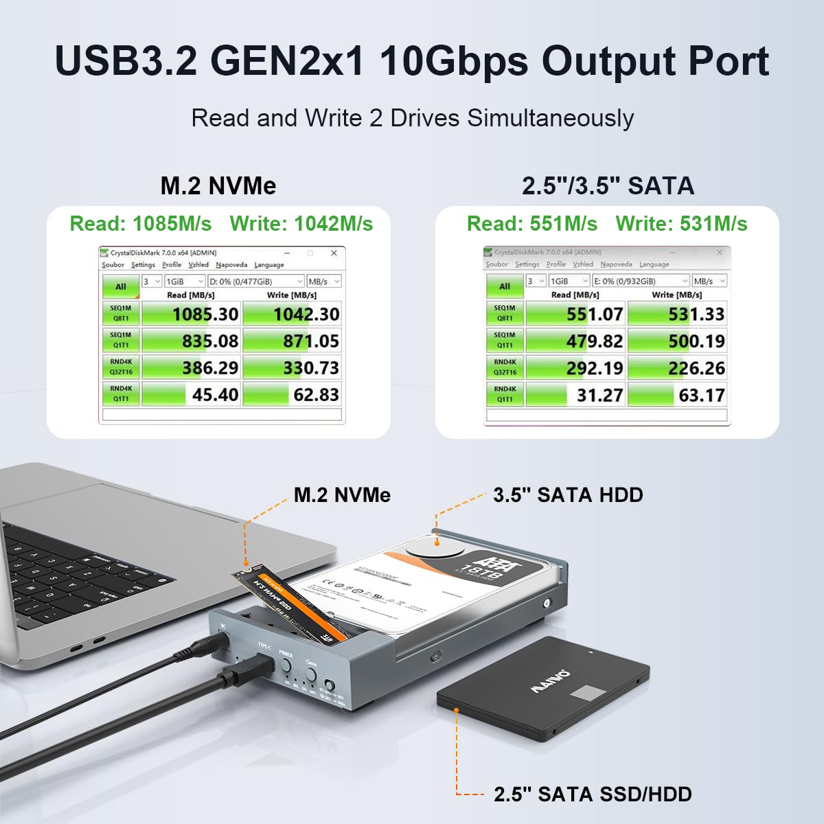 Maiwo Usb C Docking Station For M.2 Pcie Nvme + 2.5 3.5 Inch Sata Ssd/Hdd With Offline Clone, Clone Hdd To Nvme Ssd, Usb 3.2 Gen 2 10Gbps External Hard Drive Enclosure