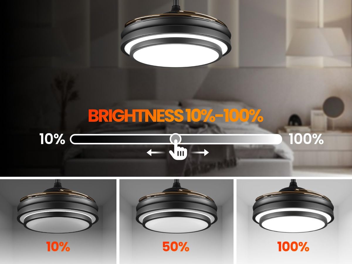 42 Inch Black Modern Ceiling Fan With Lights And Remote Retractable Fandelier Ceiling Fan 6 Speed Dimmable Memory Led Ceiling Fa