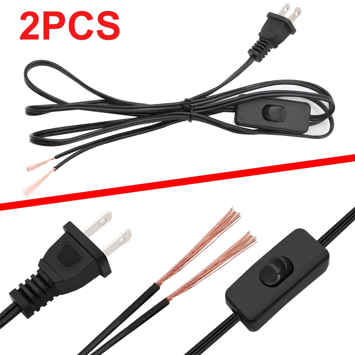 Smseace 2 Piece 6 Feet Black Light Cord, Lamp Power Cord With On/Off Switch Button And Plug, There Is Only One Plug And Need To