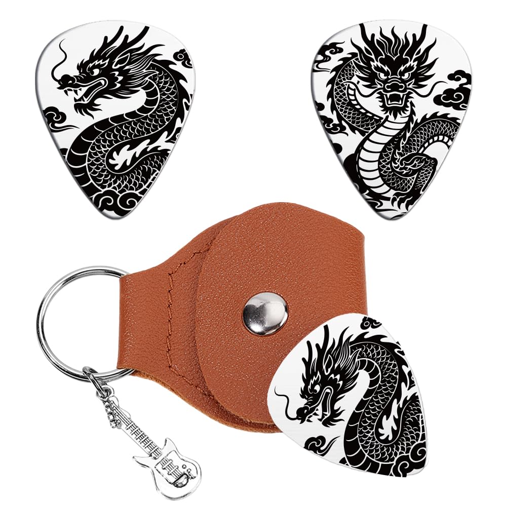 Unicraftale 2Pcs Chinese Dragon Guitars Picks Gifts Oriental Elements Stainless Steel Keychain Guitar Pick With Brown Pu Leather