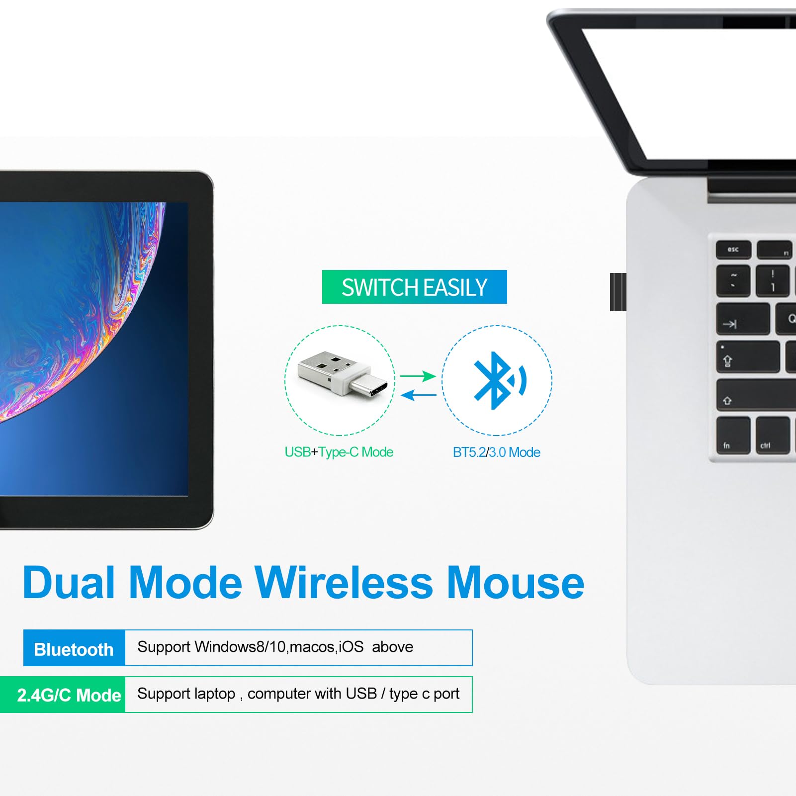 KLO 4 Modes Rechargeable Wireless Bluetooth Mouse BT3.0/5.2+USB-2.4G/Type-C Rubber Silver