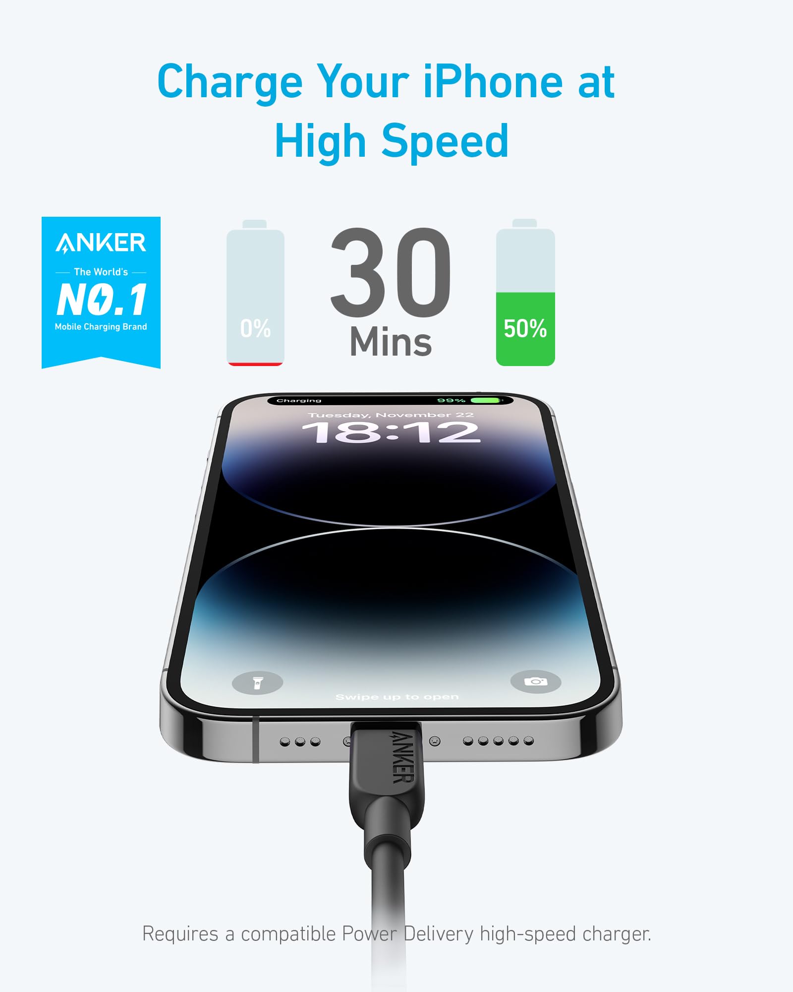 Anker Usb C To Lightning Cable, 310 Usb-C To Lightning Cable(Black, 3Ft), Mfi Certified, Fast Charging Cable For Iphone 14 Plus